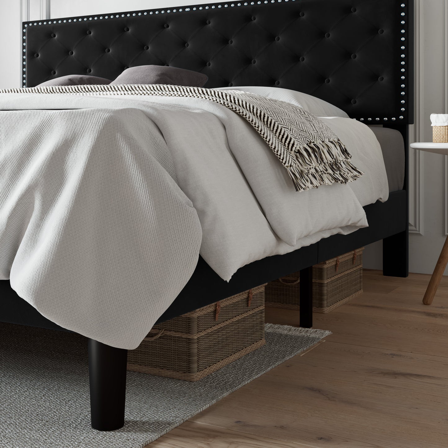 Allewie Bed Frame, Velvet Upholstered Platform Bed with Adjustable Diamond Button Tufted & Nailhead Trim Headboard