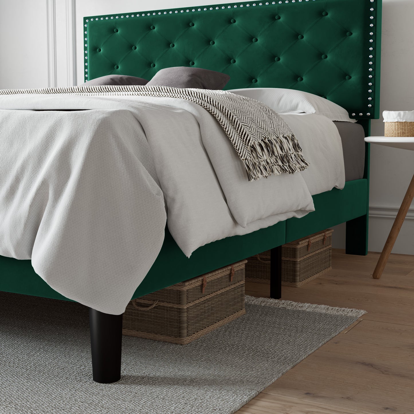Allewie Bed Frame, Velvet Upholstered Platform Bed with Adjustable Diamond Button Tufted & Nailhead Trim Headboard