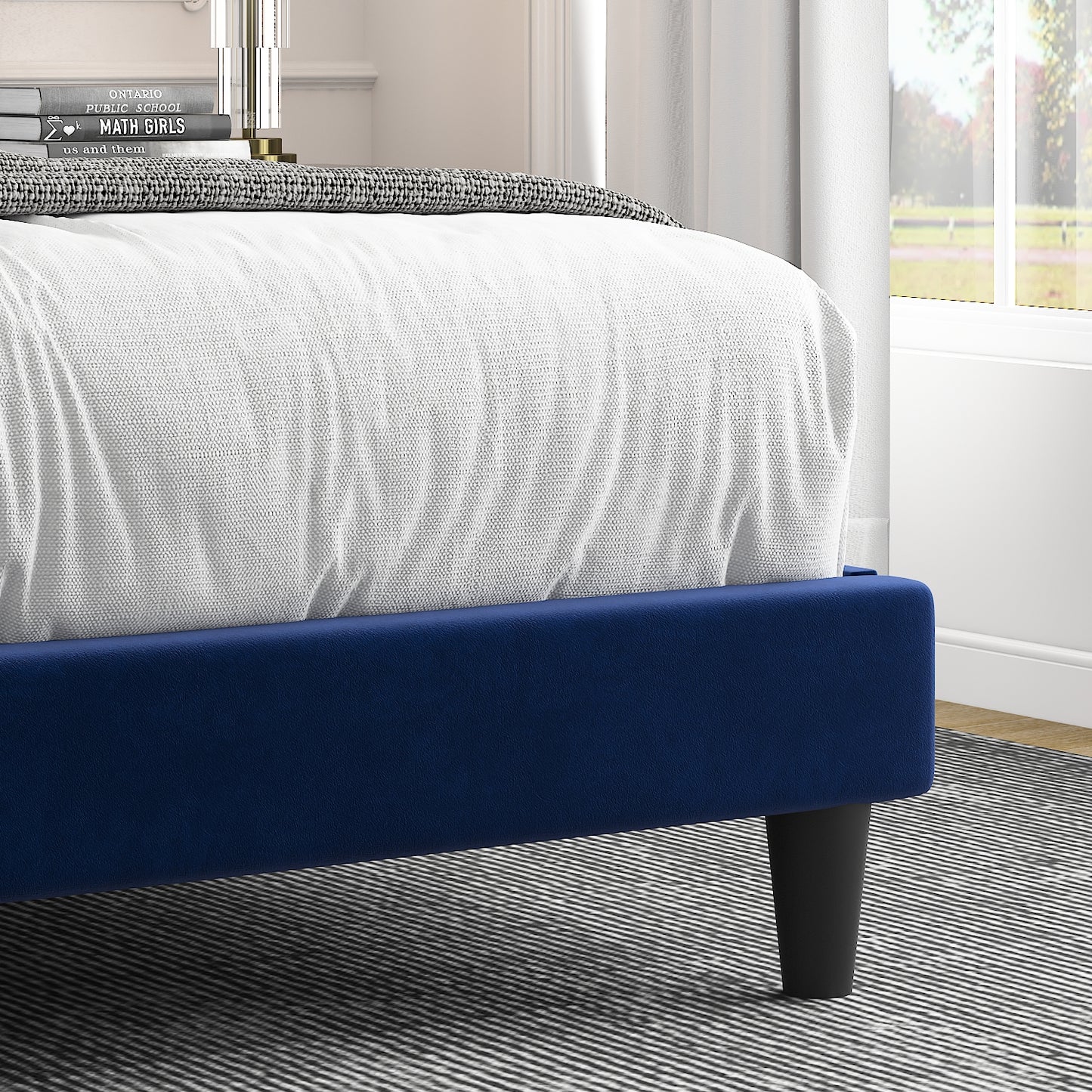 Allewie Velvet Upholstered Bed Frame with Vertical Channel Tufted Headboard, Navy Blue