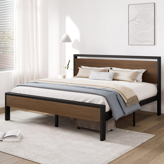 Allewie Platform Bed Frame with Wood Headboard and Footboard, Heavy Duty Metal Slat