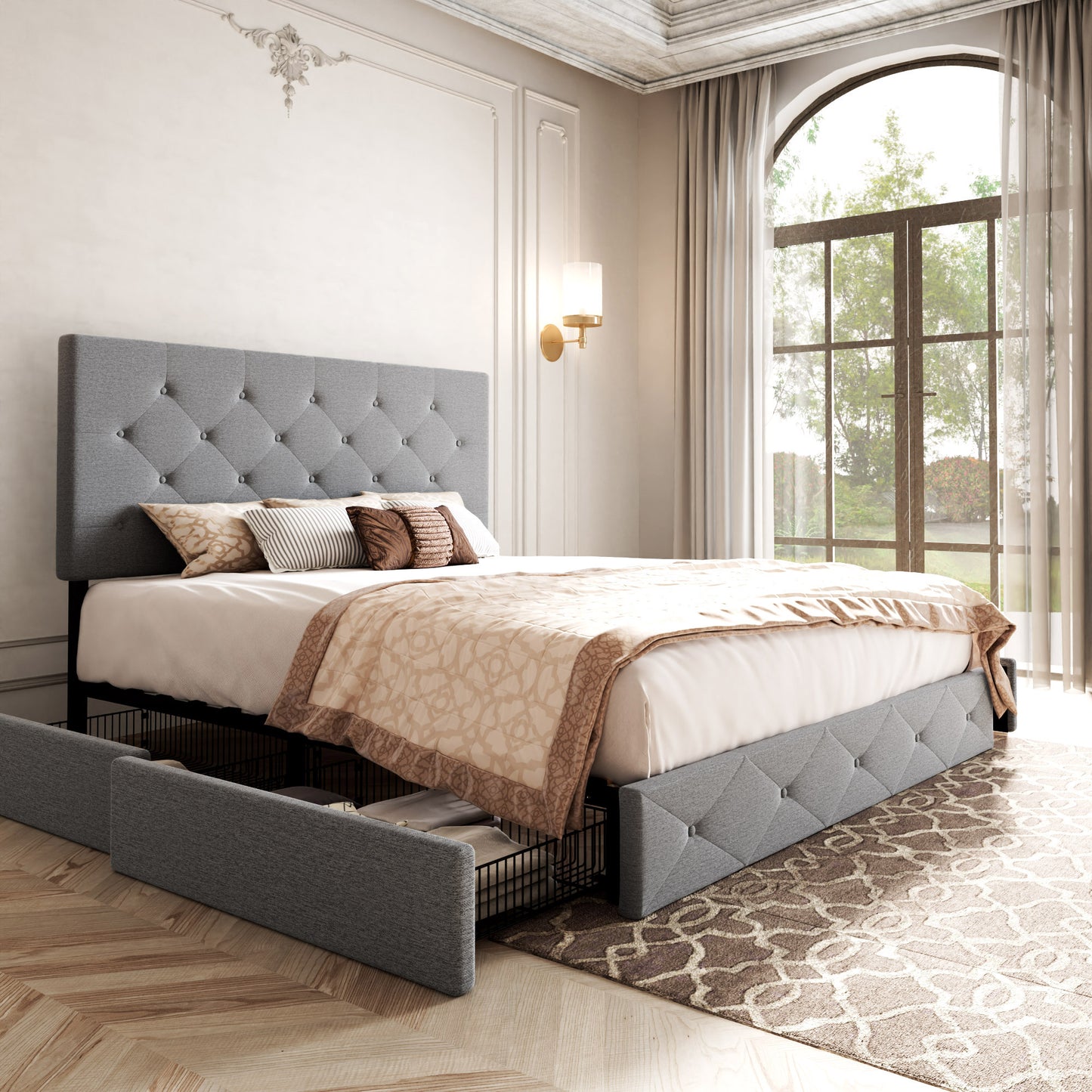 Allewie Queen Platform Bed Frame with 4 Drawers Storage and Headboard, Diamond Stitched Button Tufted Upholstered Mattress Foundation with Wood Slat Support, Dark Grey