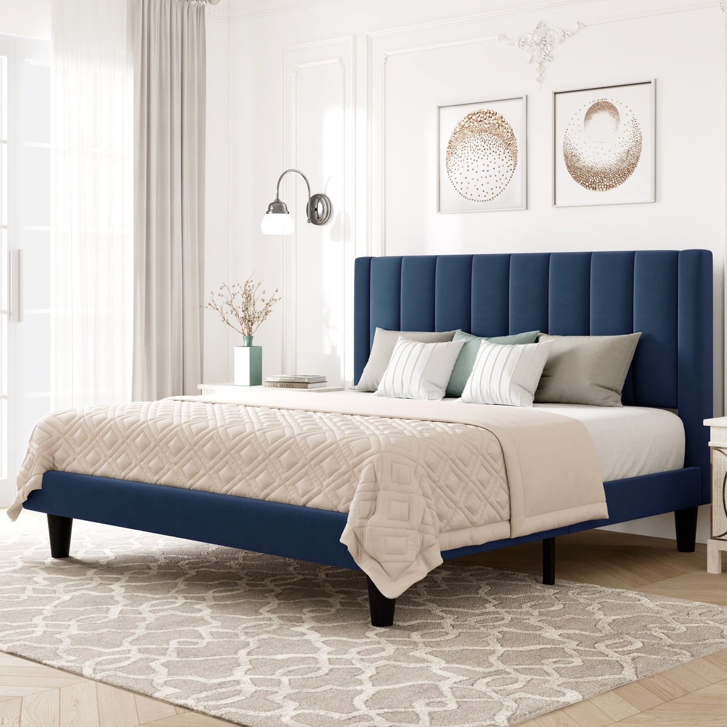 Allewie Velvet Upholstered Bed Frame with Vertical Channel Tufted Headboard, Navy Blue