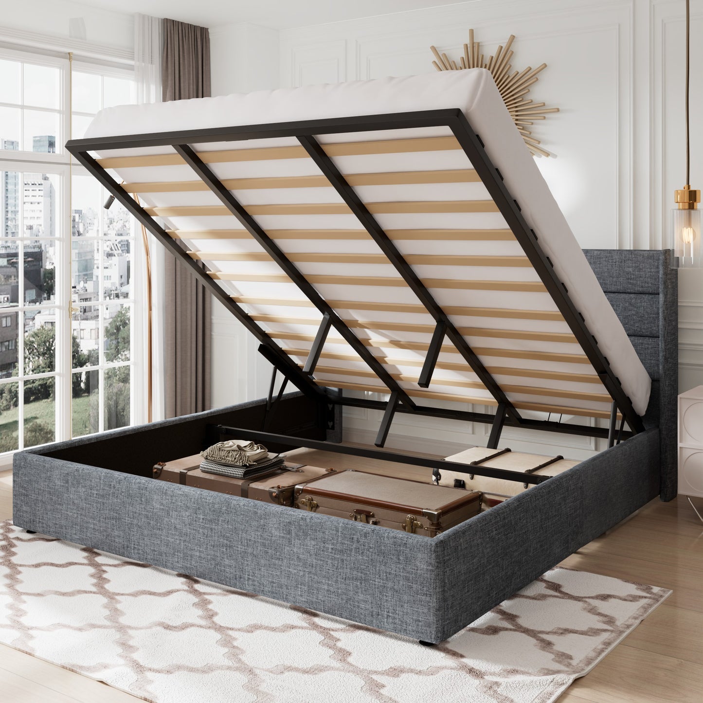 Allewie Lift Up Storage Upholstered Bed with Pannel Wingback Headboard