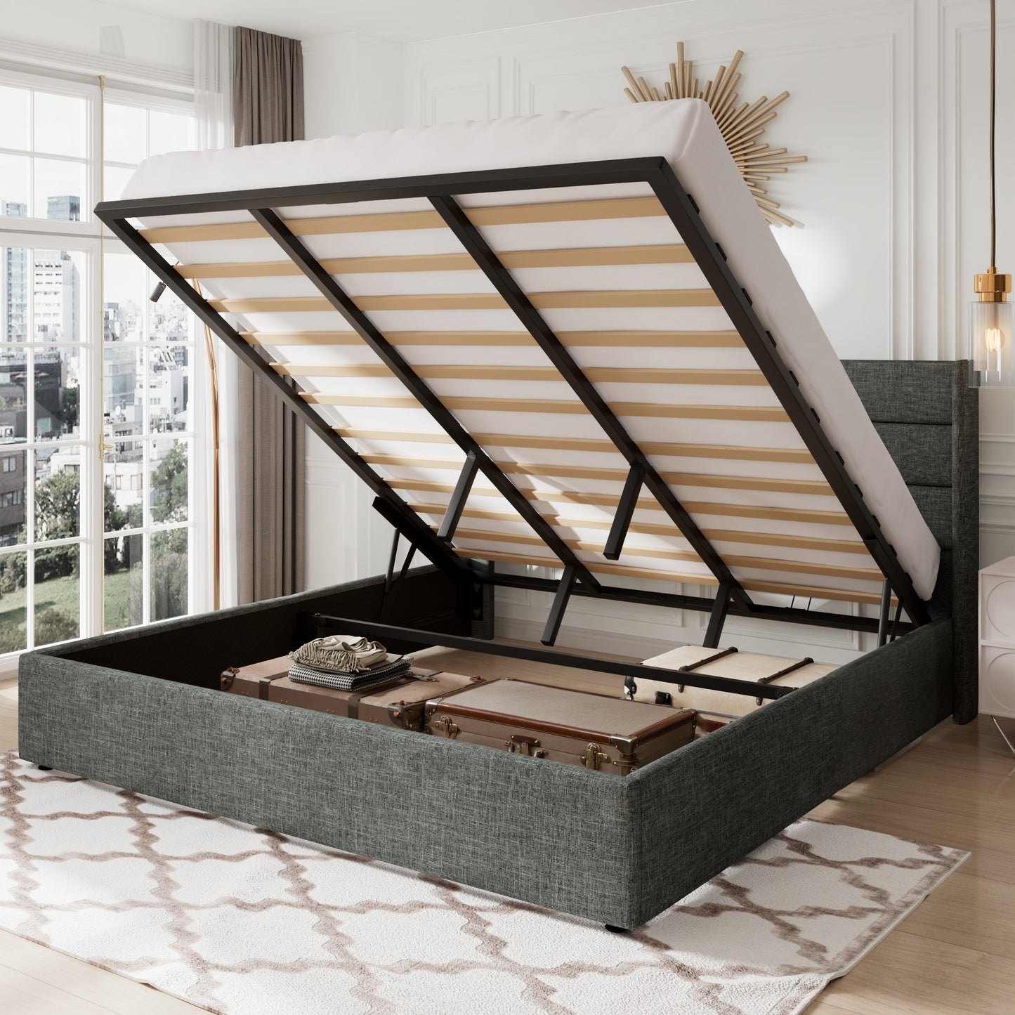 Allewie Lift Up Storage Upholstered Bed with Pannel Wingback Headboard