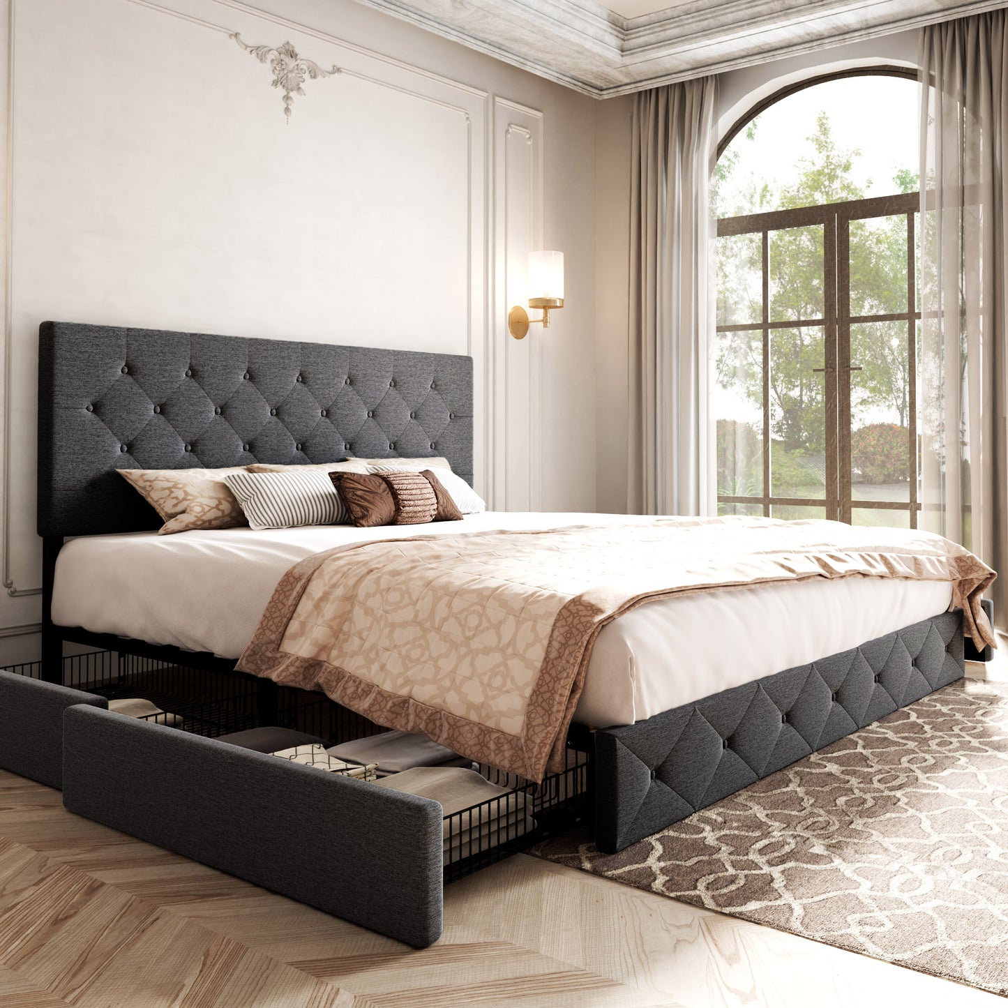 Allewie Queen Platform Bed Frame with 4 Drawers Storage and Headboard, Diamond Stitched Button Tufted Upholstered Mattress Foundation with Wood Slat Support, Dark Grey