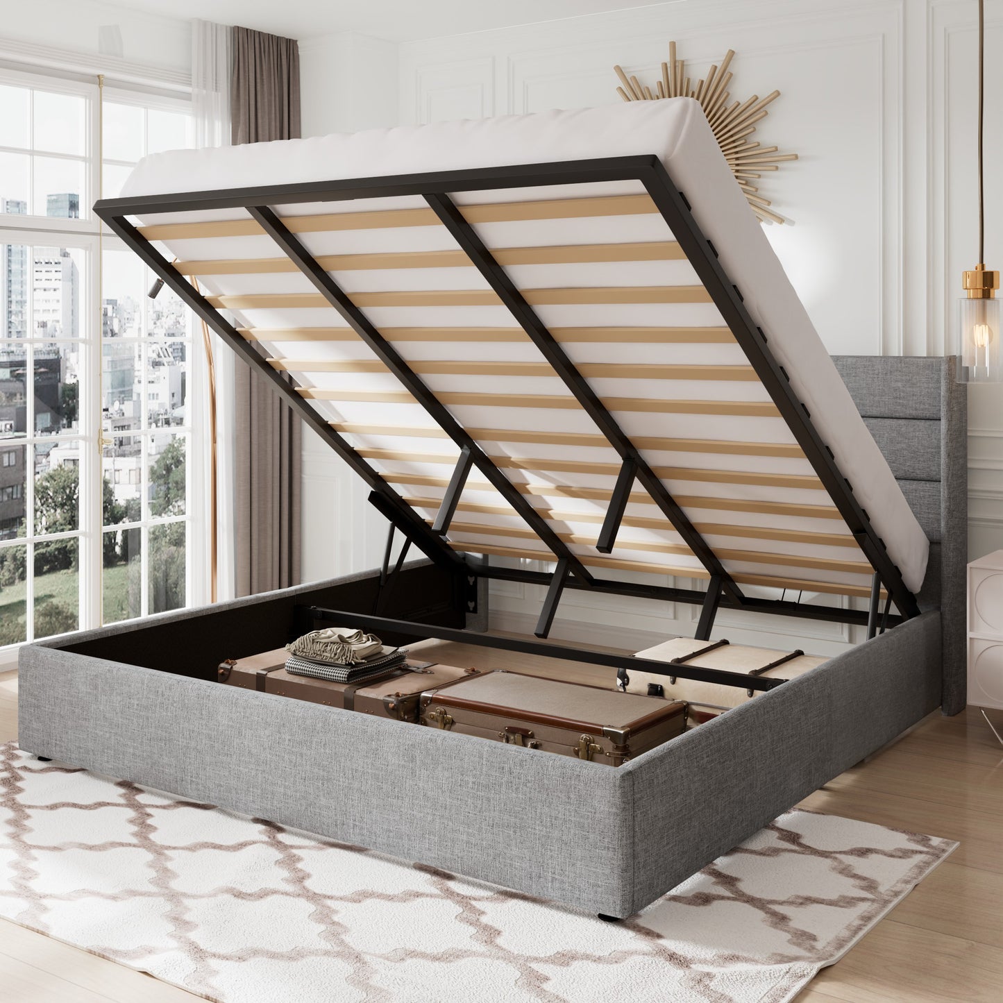 Allewie Lift Up Storage Upholstered Bed with Pannel Wingback Headboard