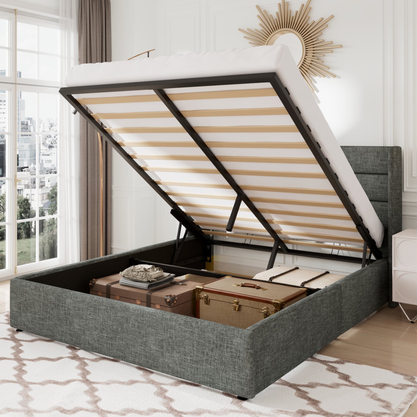 Allewie Lift Up Storage Upholstered Bed with Pannel Wingback Headboard