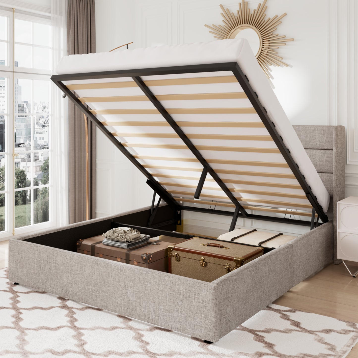 Allewie Lift Up Storage Upholstered Bed with Pannel Wingback Headboard