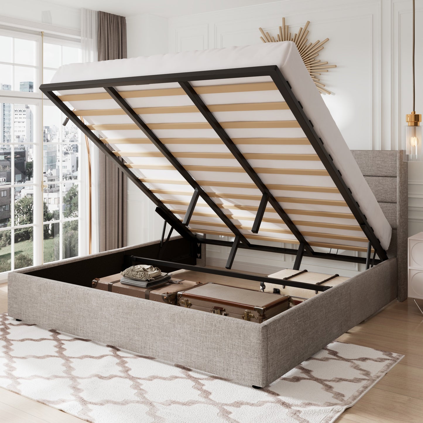 Allewie Lift Up Storage Upholstered Bed with Pannel Wingback Headboard