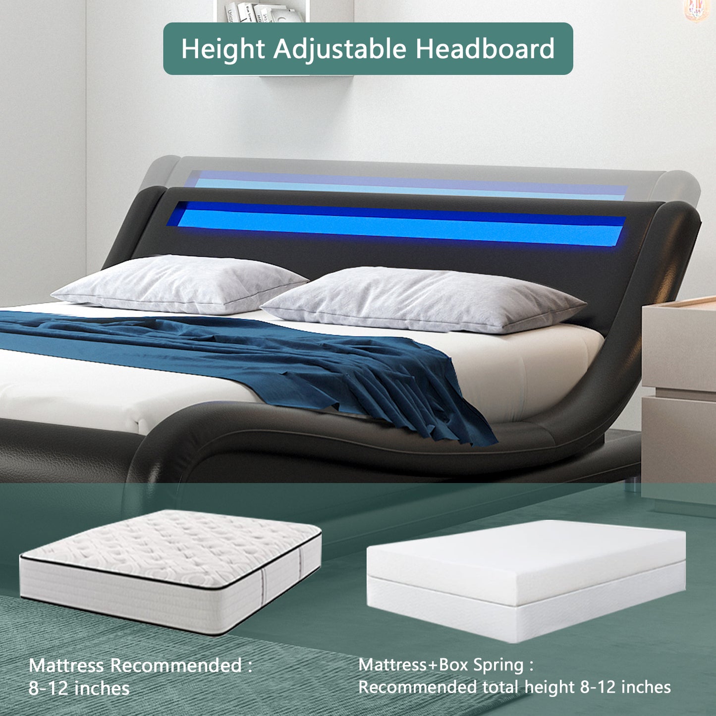 Allewie Full Size Wave-Like Curve Deluxe Upholstered Modern Bed Frame with LED Headboard