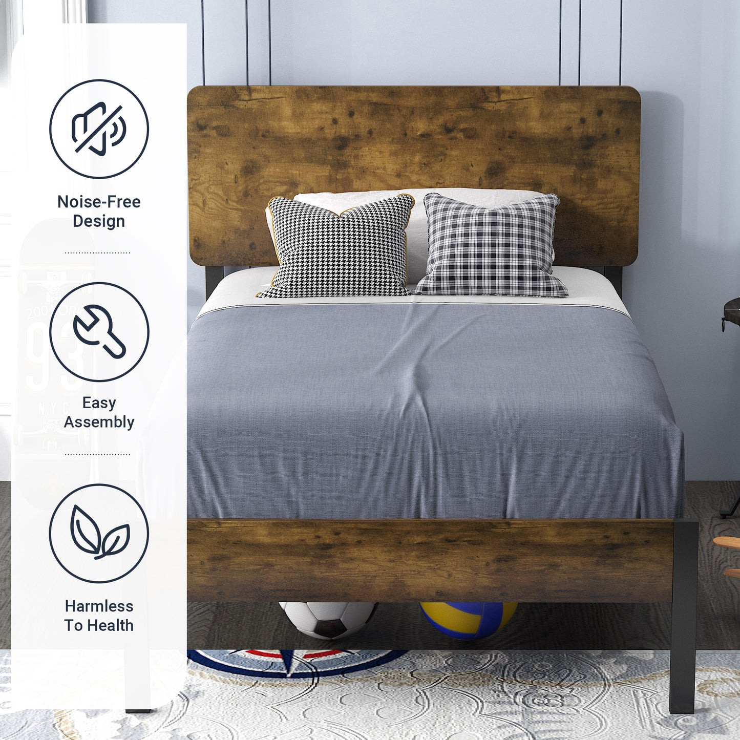 Allewie Rustic Twin Size Platform Metal Bed Frame with Wood headboard, Brown