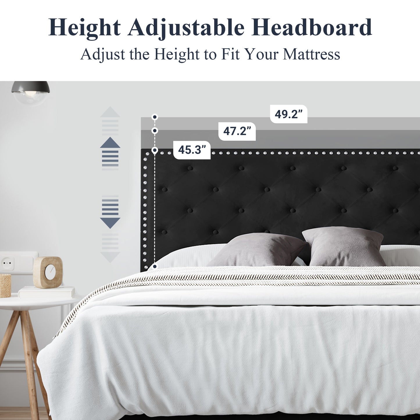 Allewie Bed Frame, Velvet Upholstered Platform Bed with Adjustable Diamond Button Tufted & Nailhead Trim Headboard