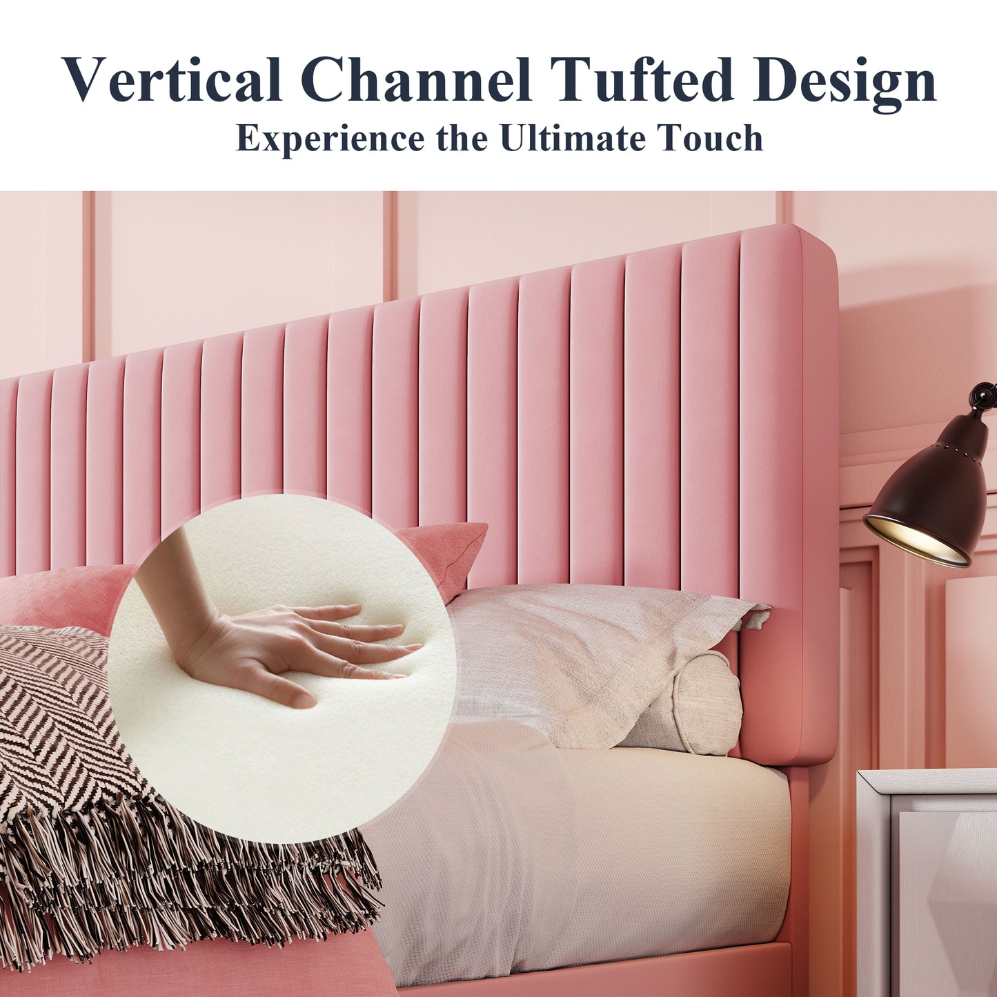 Allewie Velvet Upholstered Platform Bed Frame with Adjustable Vertical Channel Tufted Headboard