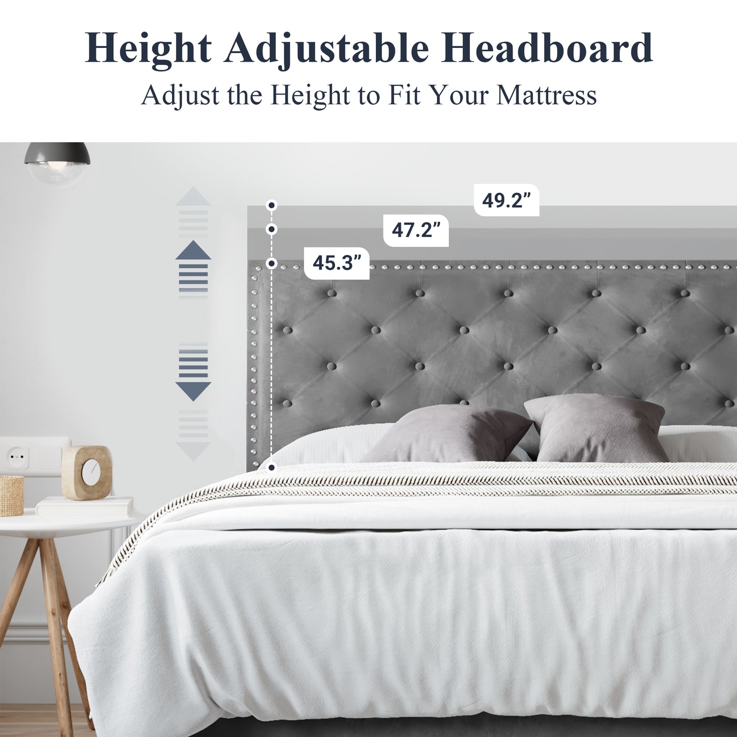Allewie Bed Frame, Velvet Upholstered Platform Bed with Adjustable Diamond Button Tufted & Nailhead Trim Headboard