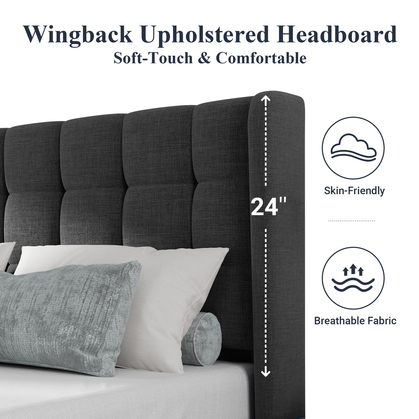 Allewie Platform Bed Frame with Wingback Fabric Upholstered Square Stitched Headboard and Wooden Slats, Grey