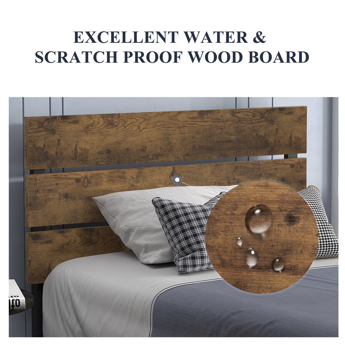Allewie Rustic Country Style Wooden Headboard Metal Platform Bed with Strong Metal Slats