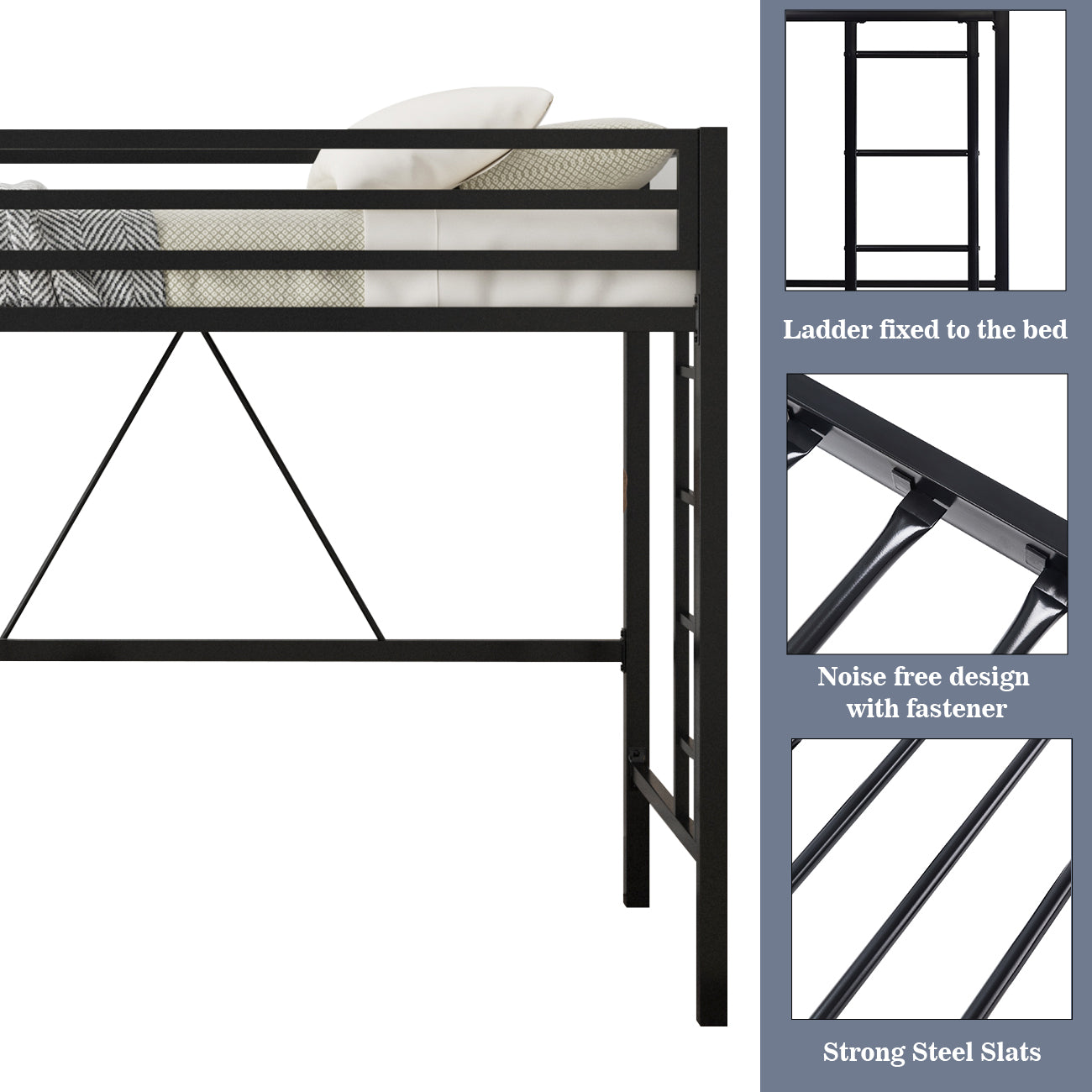 Allewie Heavy Duty Twin Size Loft Bed Frame with Full-Length Guardrail& Removable Stairs, Noise Free