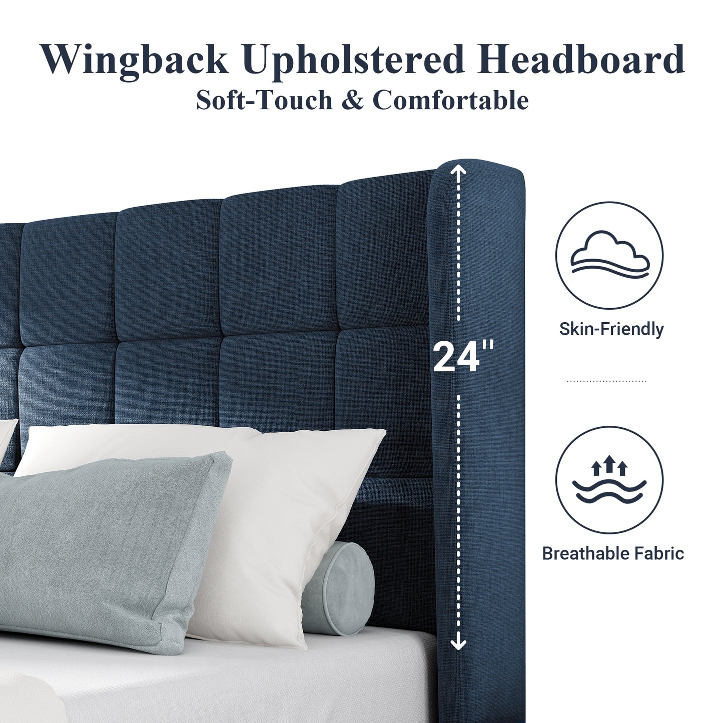Allewie Platform Bed Frame with Wingback Fabric Upholstered Square Stitched Headboard and Wooden Slats, Grey