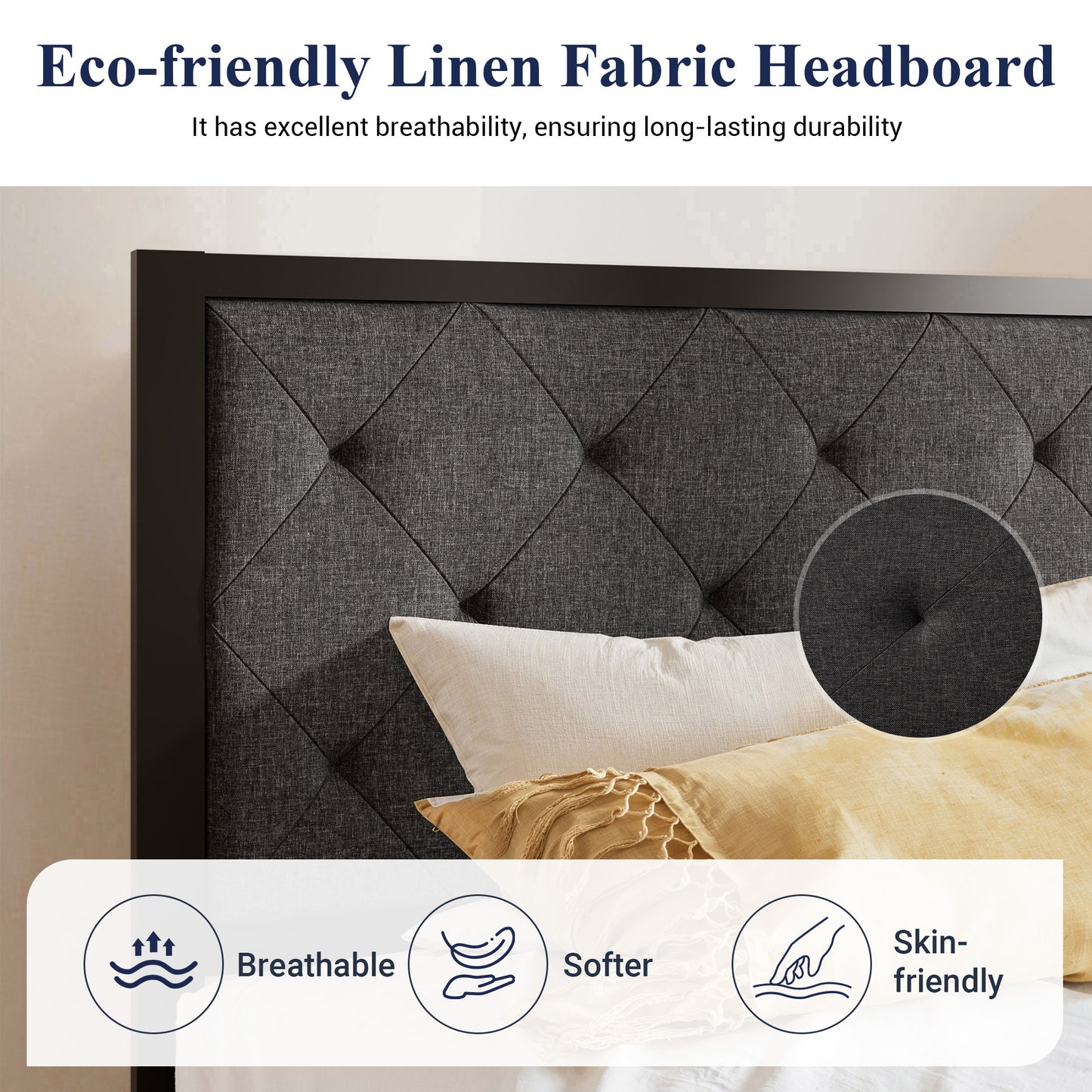 Allewie Metal Platform Bed Frame with Tufted Diamond Stitched Fabric Headboard