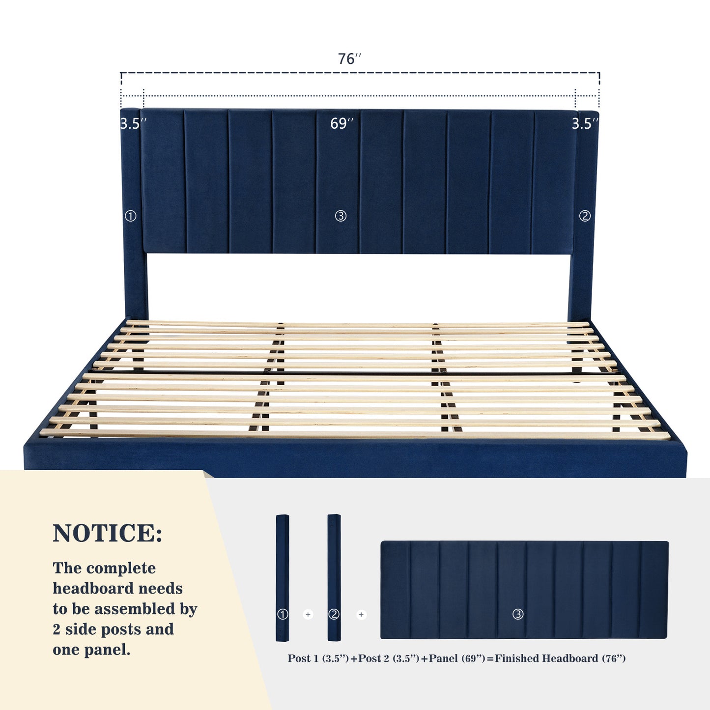 Allewie Velvet Upholstered Bed Frame with Vertical Channel Tufted Headboard, Navy Blue