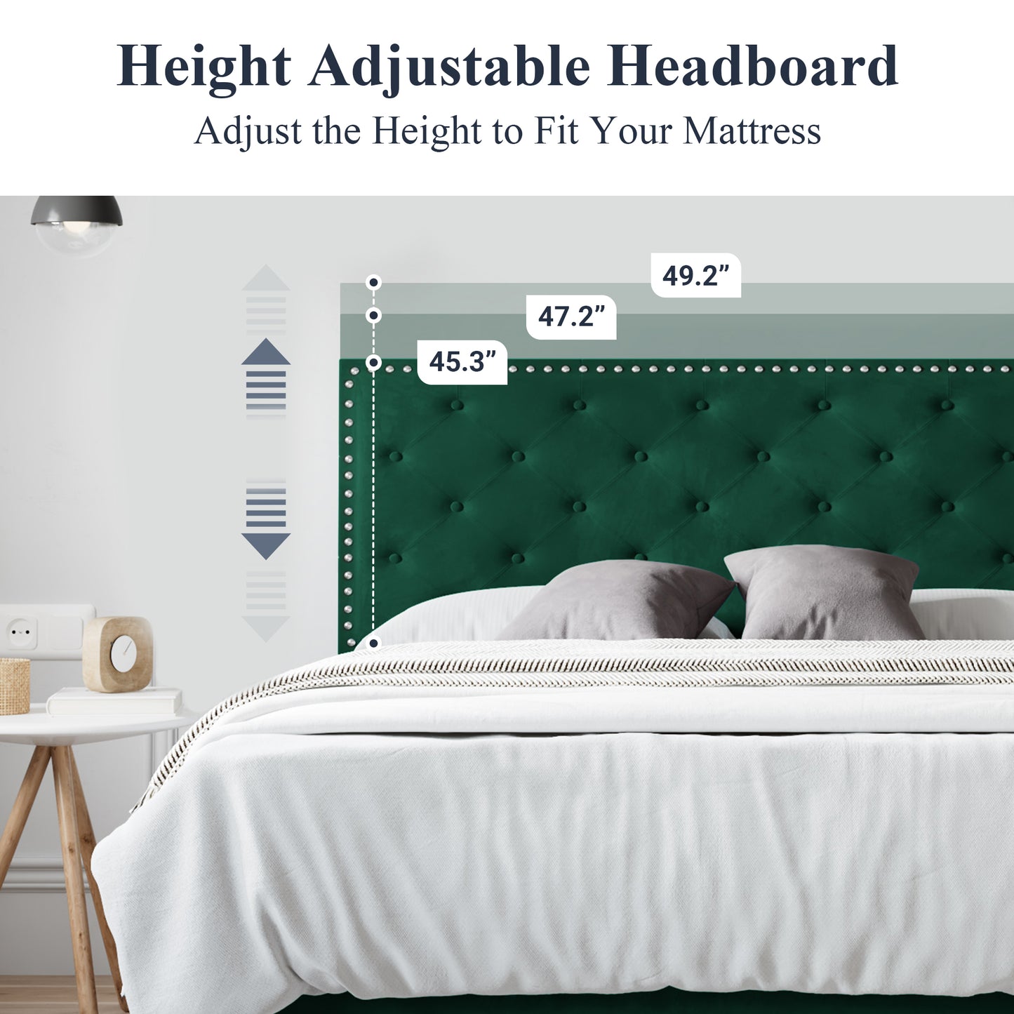 Allewie Bed Frame, Velvet Upholstered Platform Bed with Adjustable Diamond Button Tufted & Nailhead Trim Headboard