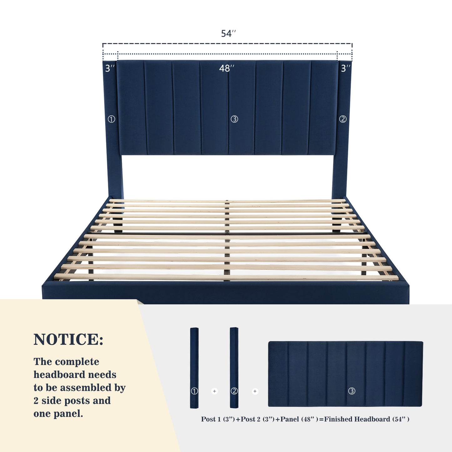 Allewie Velvet Upholstered Bed Frame with Vertical Channel Tufted Headboard, Navy Blue