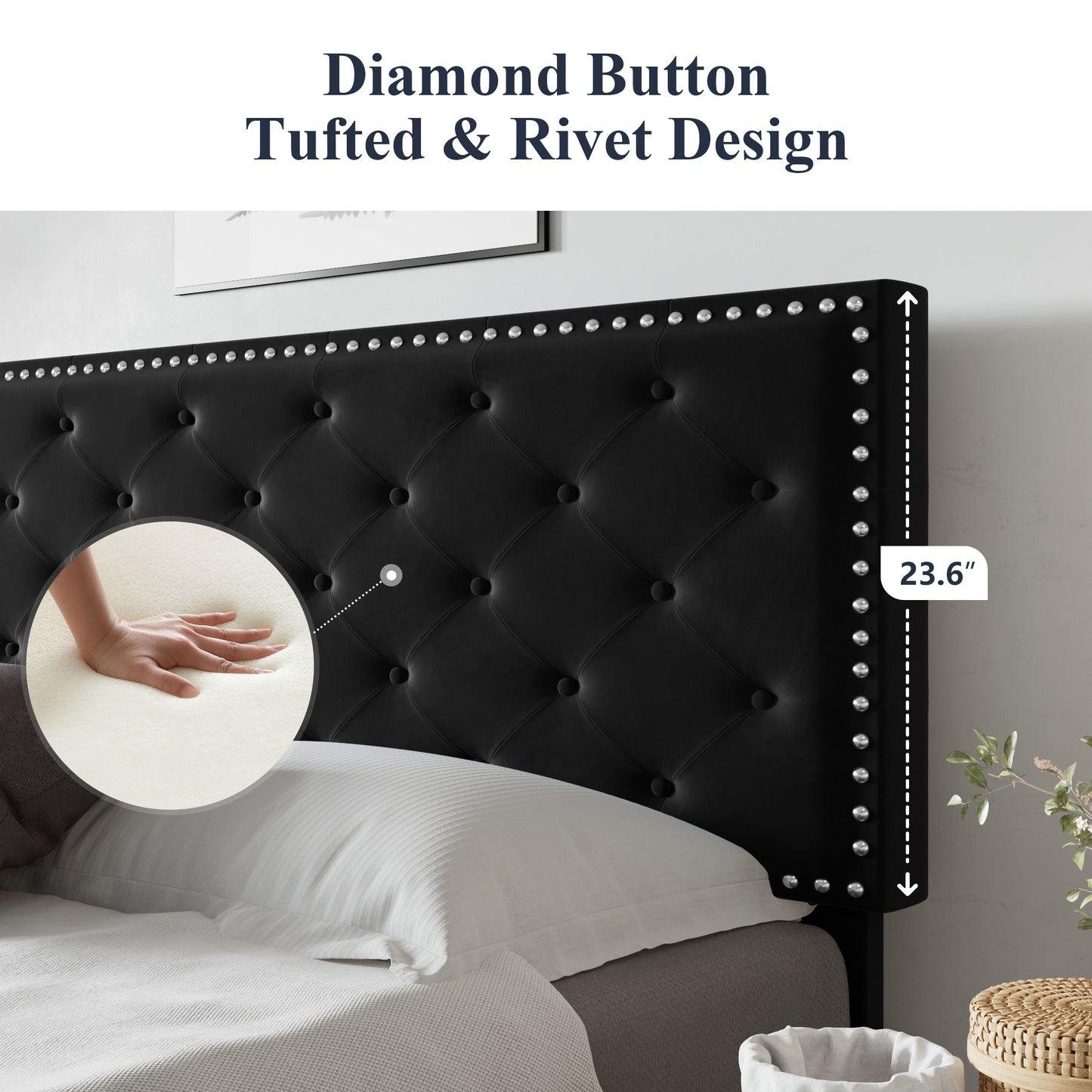 Allewie Bed Frame, Velvet Upholstered Platform Bed with Adjustable Diamond Button Tufted & Nailhead Trim Headboard