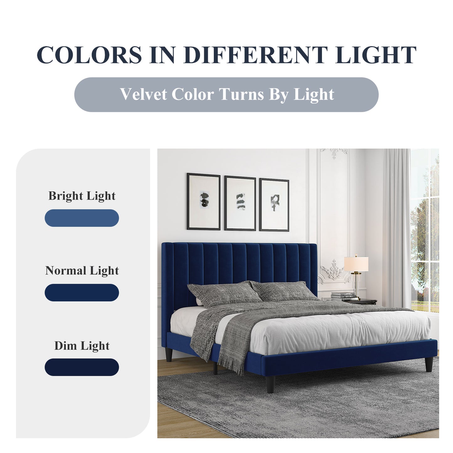 Allewie Velvet Upholstered Bed Frame with Vertical Channel Tufted Headboard, Navy Blue