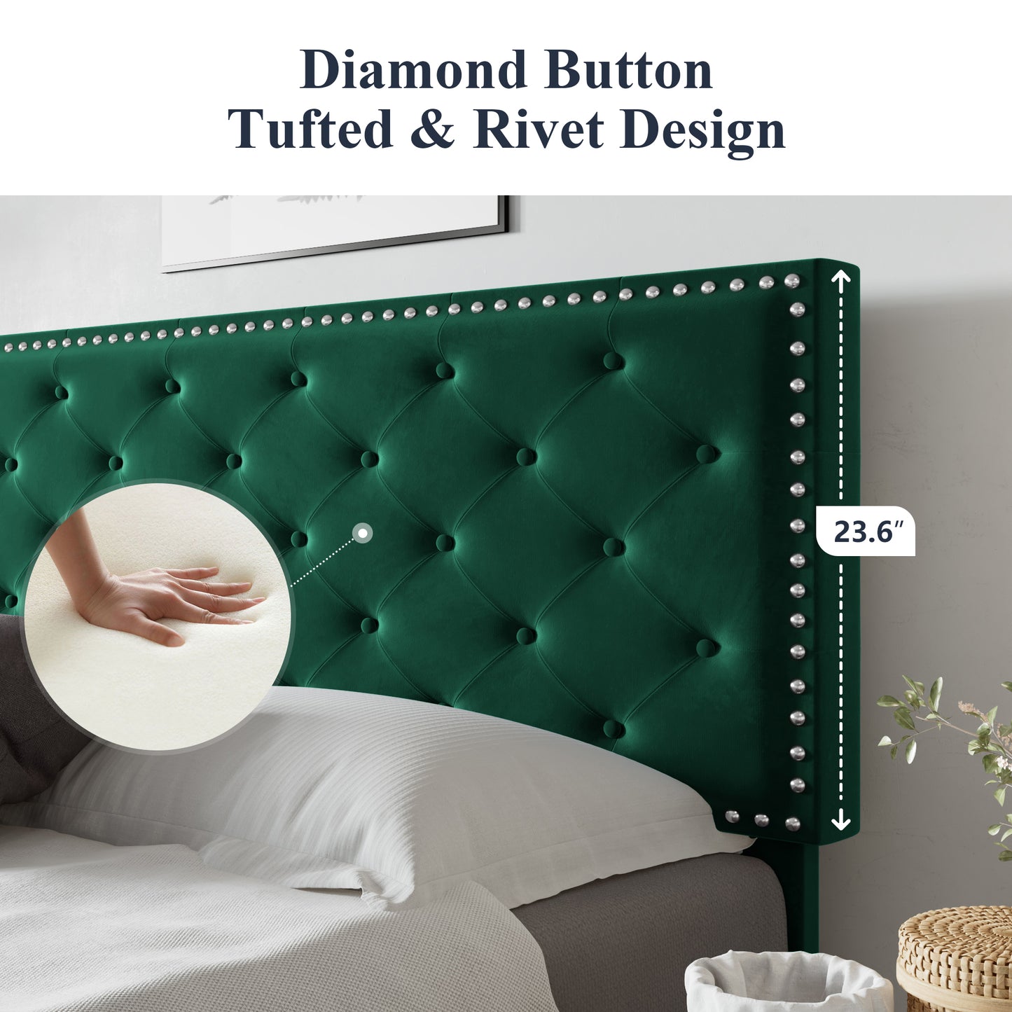 Allewie Bed Frame, Velvet Upholstered Platform Bed with Adjustable Diamond Button Tufted & Nailhead Trim Headboard