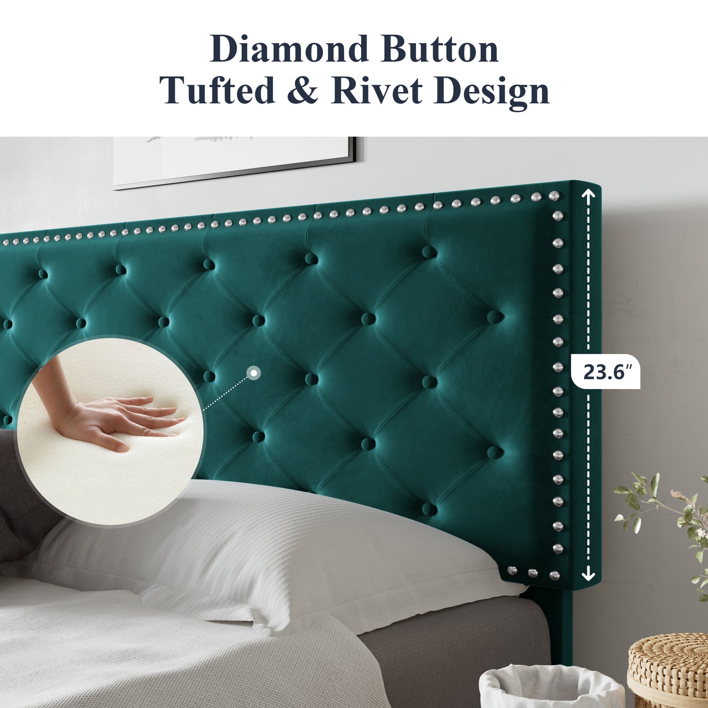 Allewie Bed Frame, Velvet Upholstered Platform Bed with Adjustable Diamond Button Tufted & Nailhead Trim Headboard