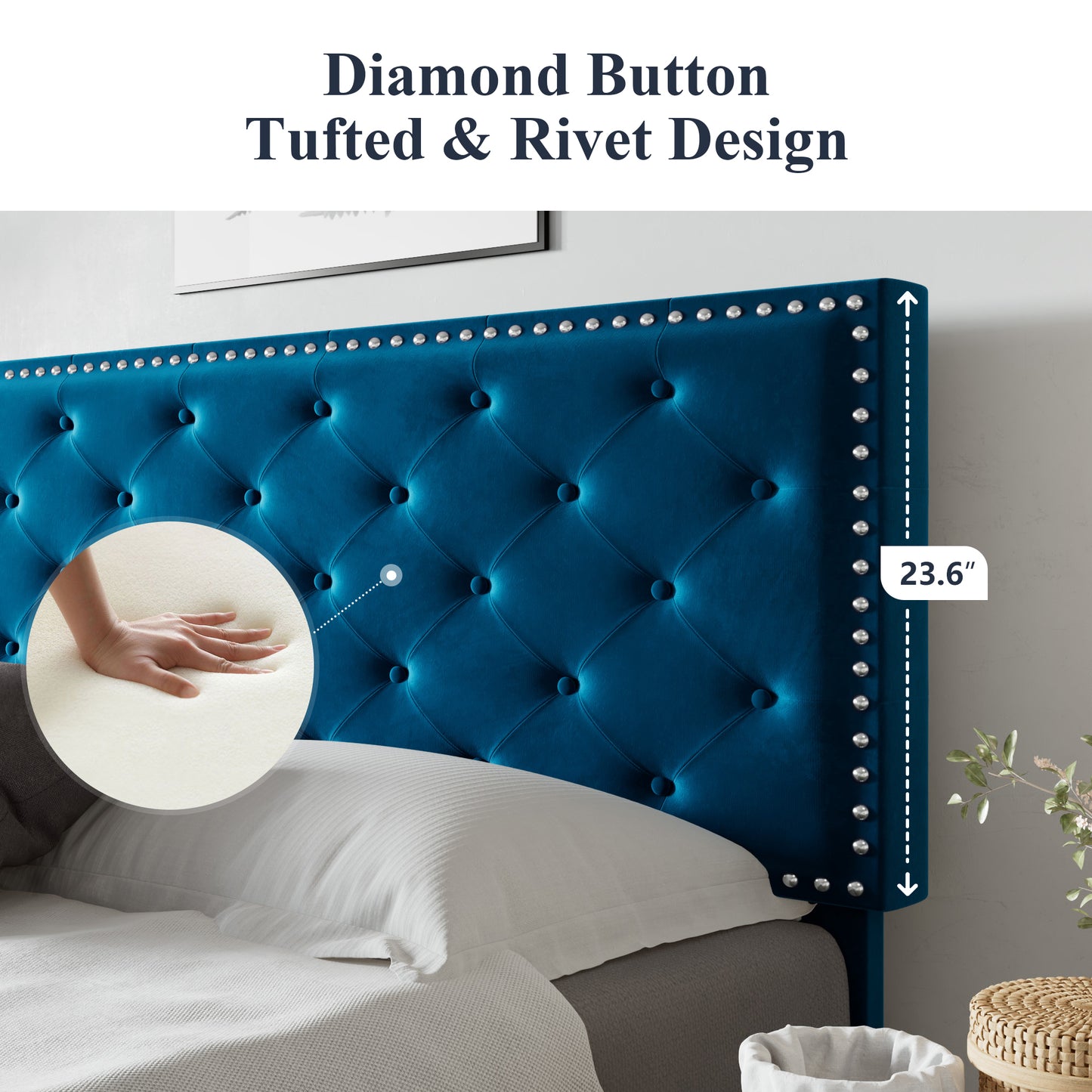 Allewie Bed Frame, Velvet Upholstered Platform Bed with Adjustable Diamond Button Tufted & Nailhead Trim Headboard