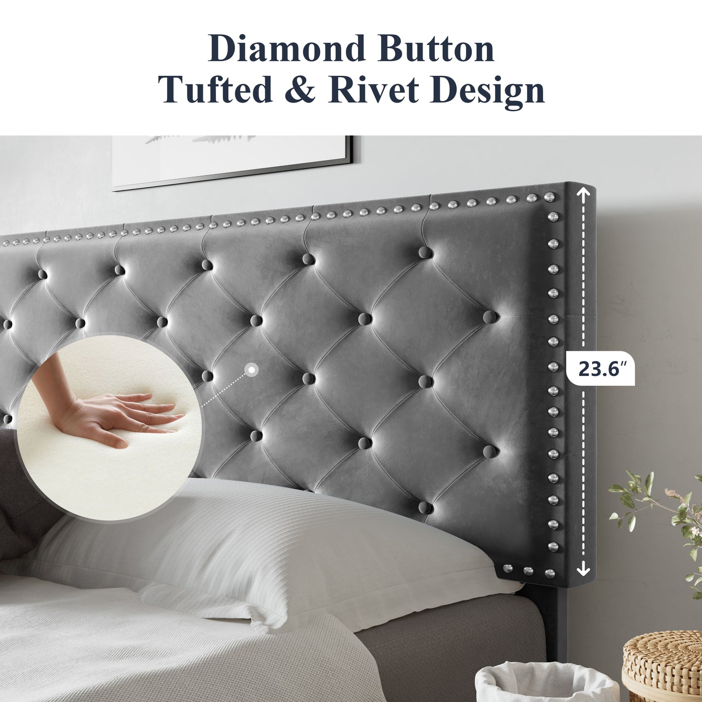 Allewie Bed Frame, Velvet Upholstered Platform Bed with Adjustable Diamond Button Tufted & Nailhead Trim Headboard