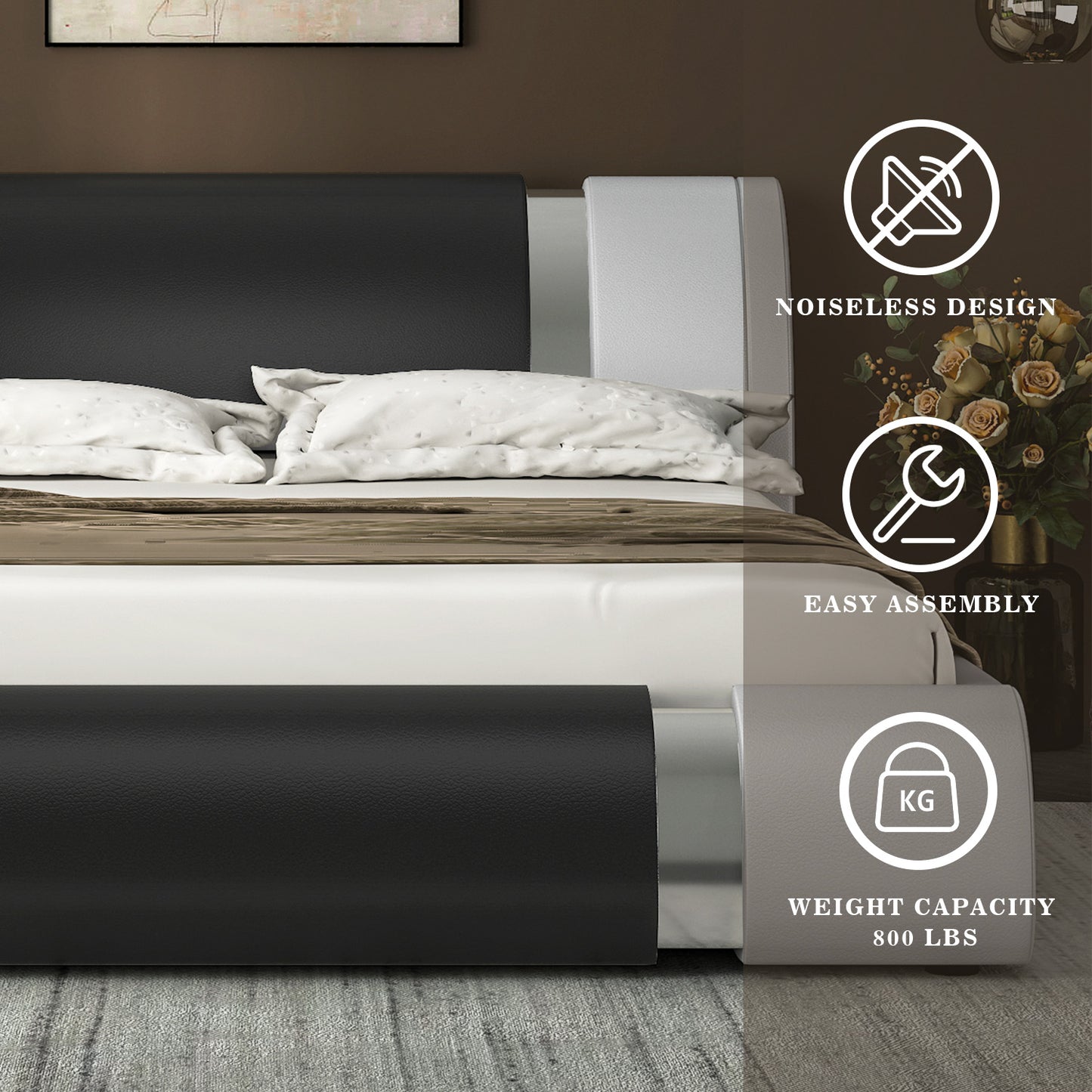 Allewie Queen Size Faux Leather Upholstered Platform Bed with Iron Piece Decoration Adjustable Headboard, 24 Wooden Slats, Black and White