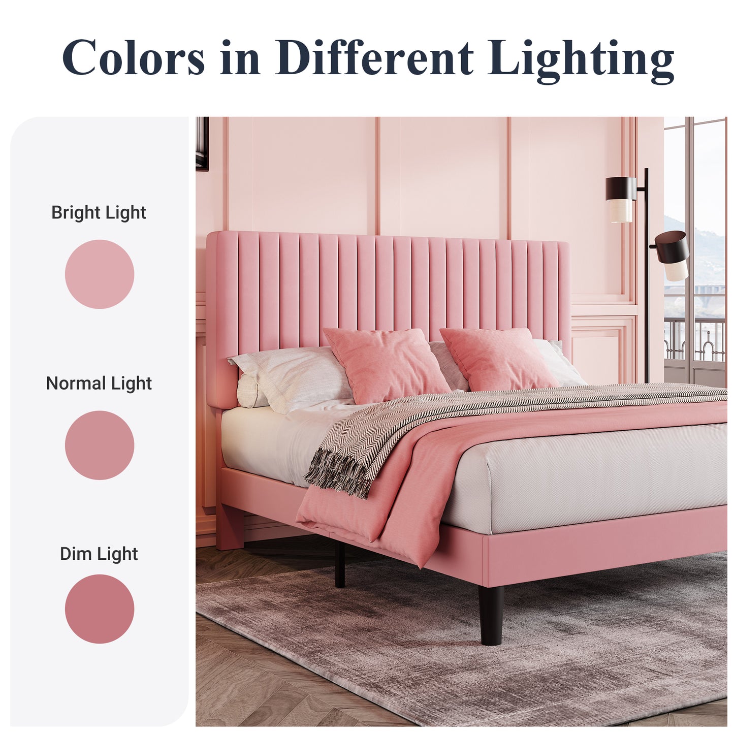 Allewie Velvet Upholstered Platform Bed Frame with Adjustable Vertical Channel Tufted Headboard