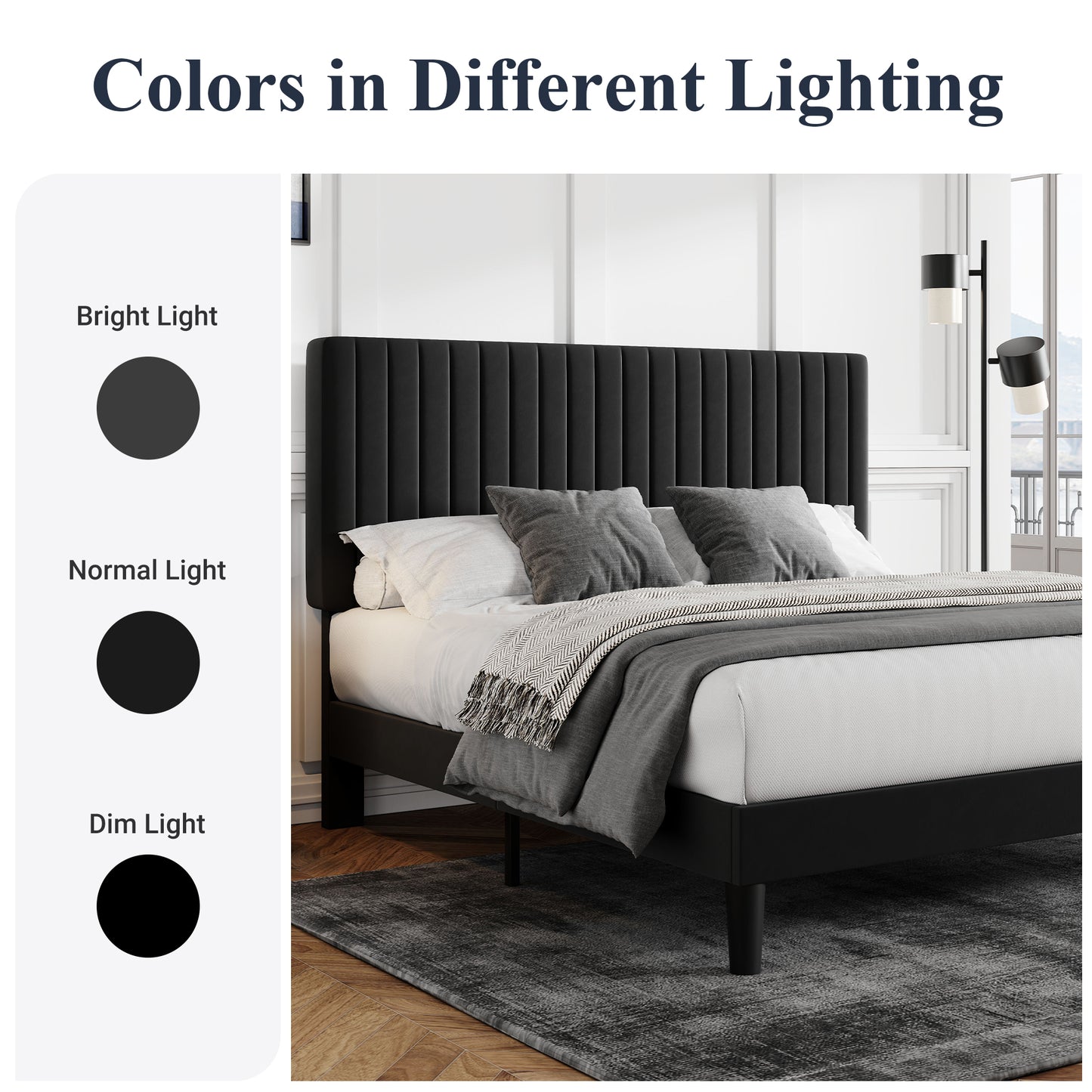 Allewie Velvet Upholstered Platform Bed Frame with Adjustable Vertical Channel Tufted Headboard
