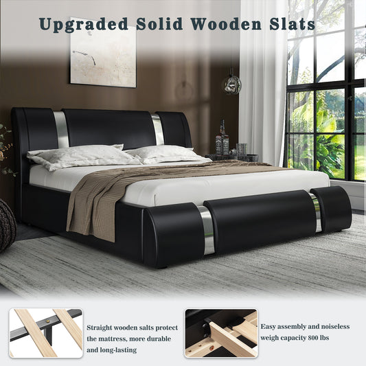 Allewie Deluxe Upholstered Modern Platform Bed with Iron Pieces Decor and Adjustable Headboard and Solid Wooden Slats Support