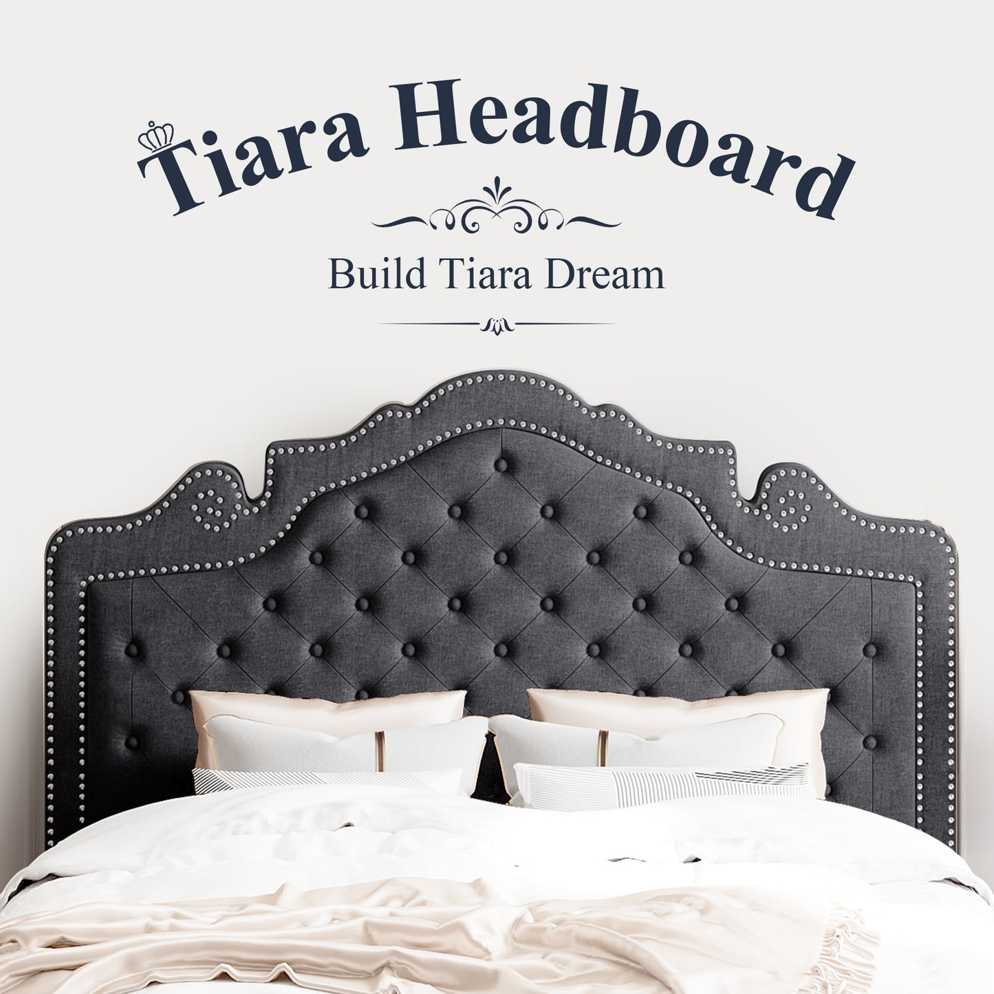 Allewie Platform Bed Frame with Upholstered Diamond Button Tufted Adjustable Fabric Headboard, Dark Grey