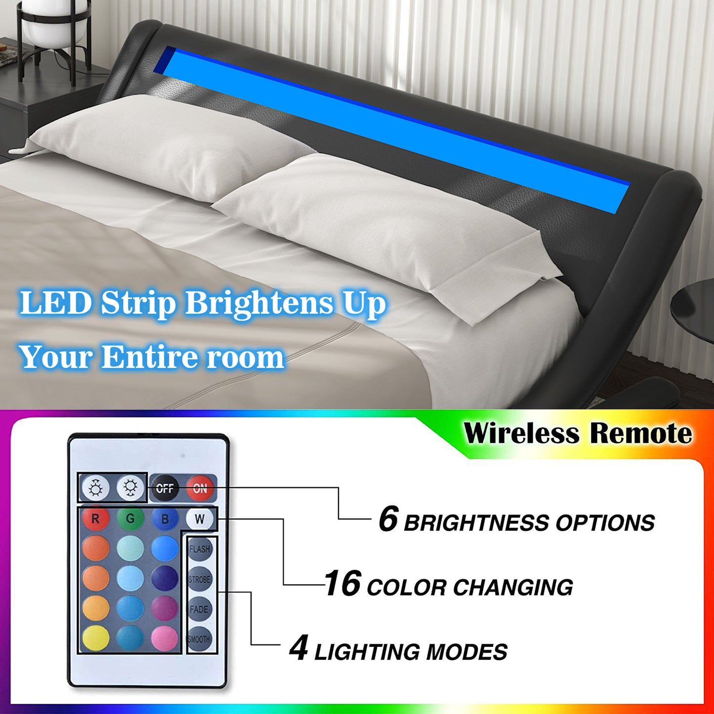Allewie Full Size Wave-Like Curve Deluxe Upholstered Modern Bed Frame with LED Headboard