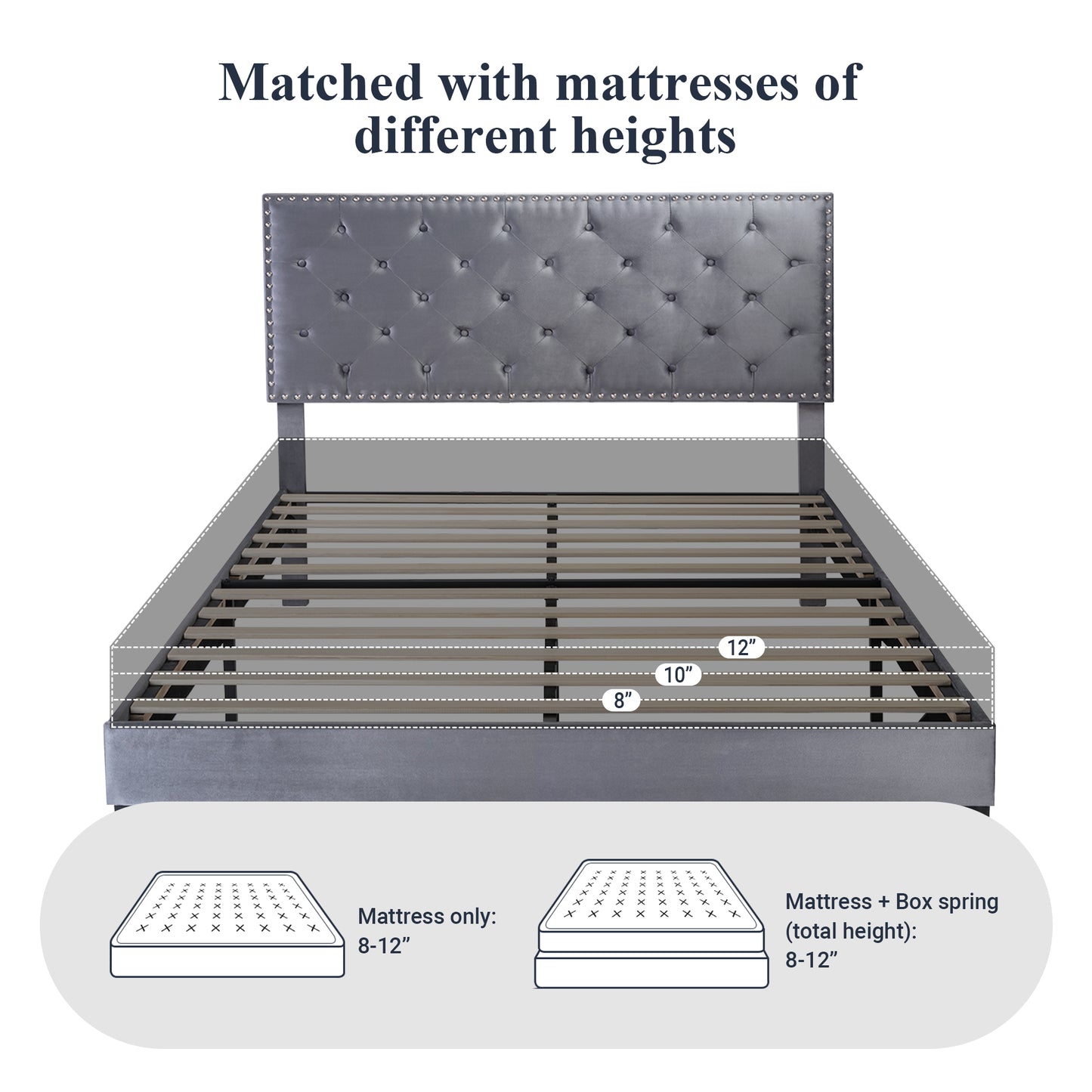 Allewie Bed Frame, Velvet Upholstered Platform Bed with Adjustable Diamond Button Tufted & Nailhead Trim Headboard