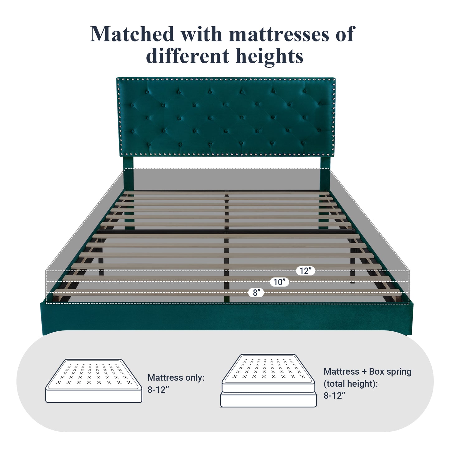 Allewie Bed Frame, Velvet Upholstered Platform Bed with Adjustable Diamond Button Tufted & Nailhead Trim Headboard