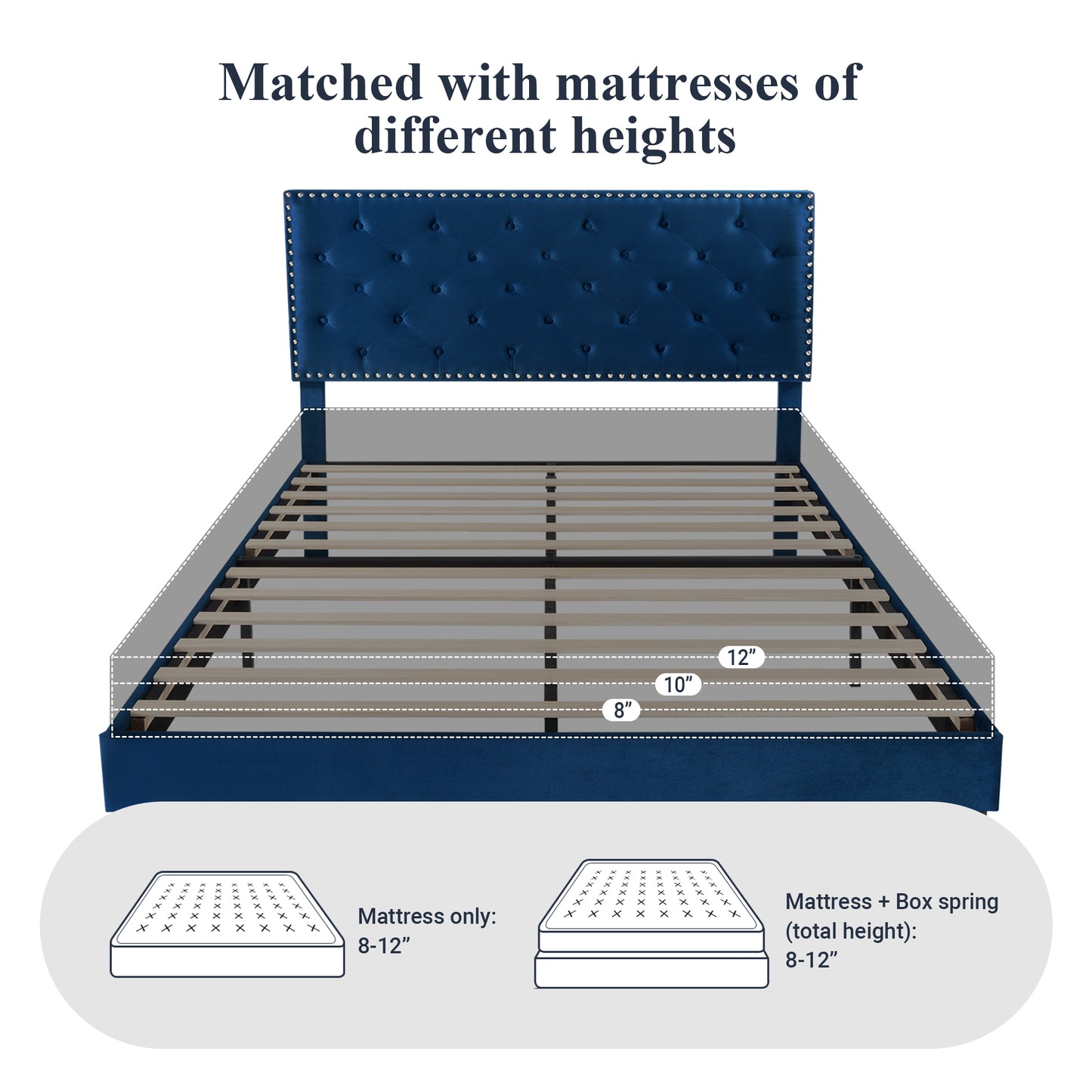 Allewie Bed Frame, Velvet Upholstered Platform Bed with Adjustable Diamond Button Tufted & Nailhead Trim Headboard