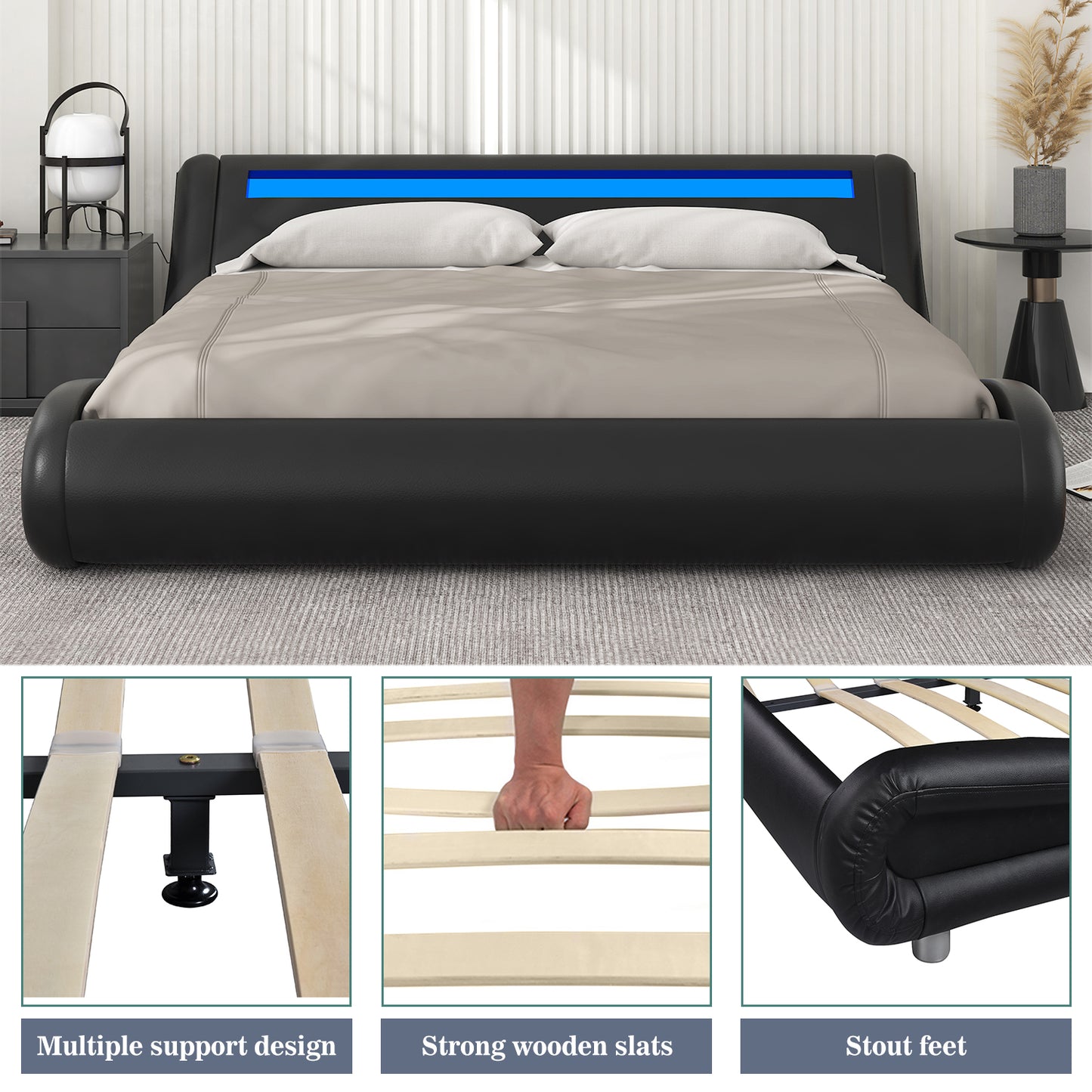 Allewie Full Size Wave-Like Curve Deluxe Upholstered Modern Bed Frame with LED Headboard