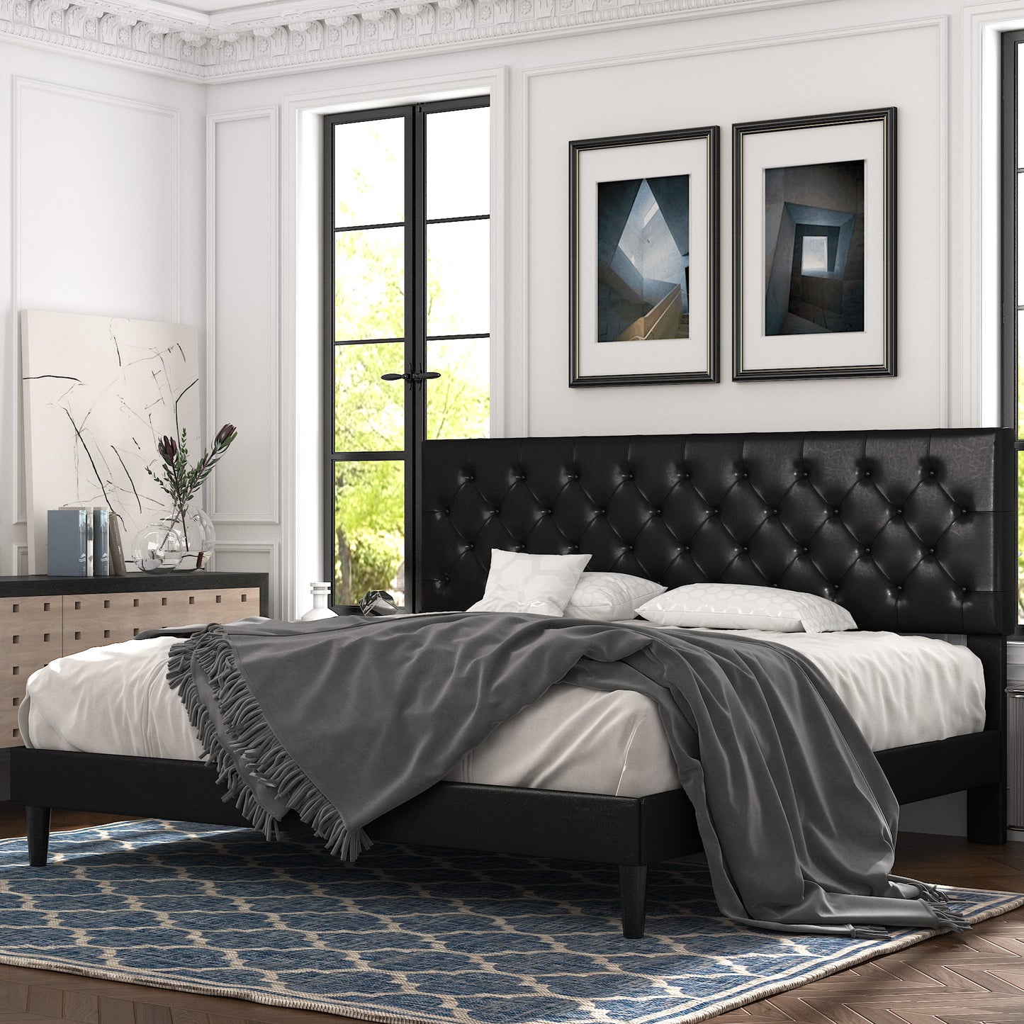 Allewie Faux Leather Upholstered Platform Bed Frame with Adjustable Diamond Stitched Button Tufted Headboard, White