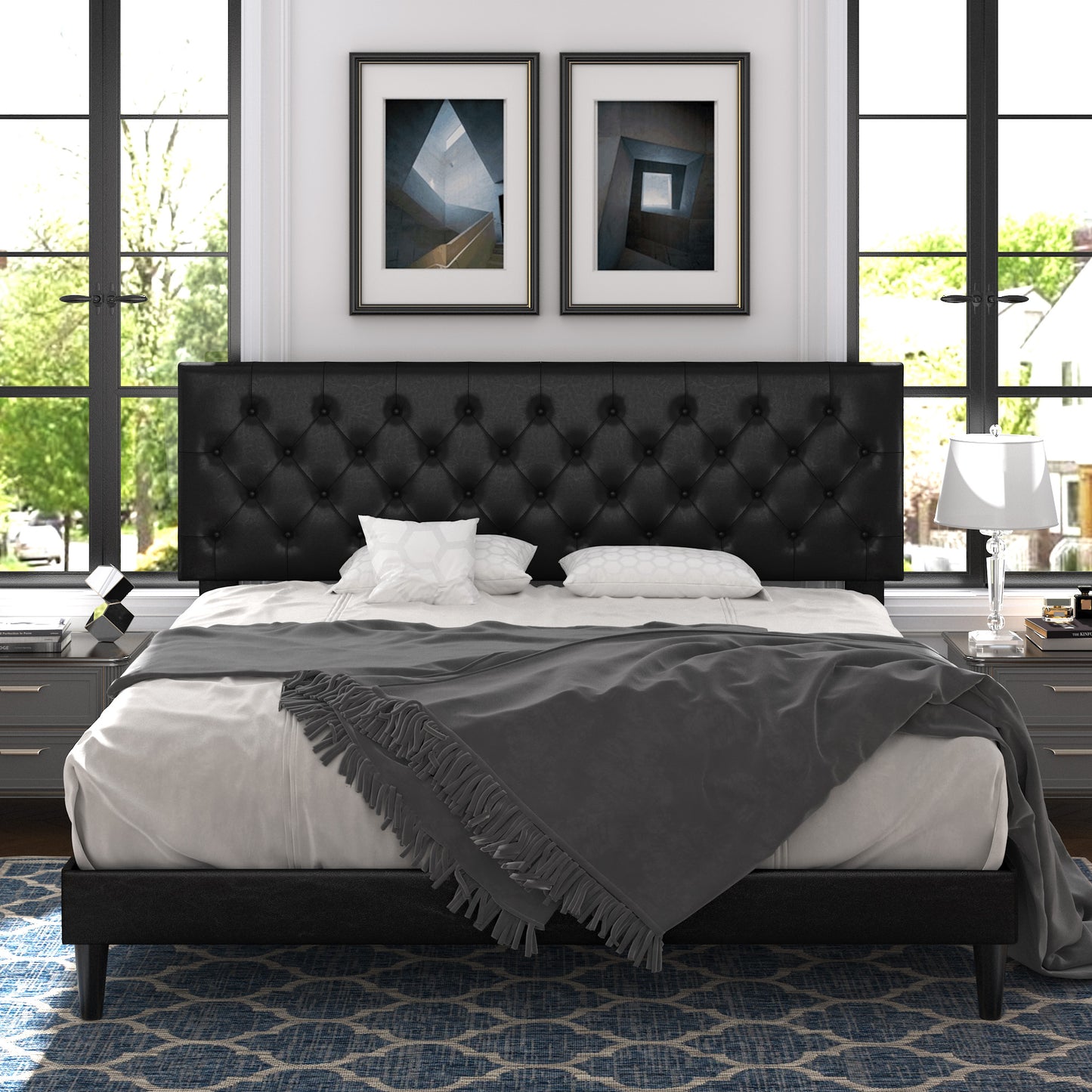 Allewie Faux Leather Upholstered Platform Bed Frame with Adjustable Diamond Stitched Button Tufted Headboard, White