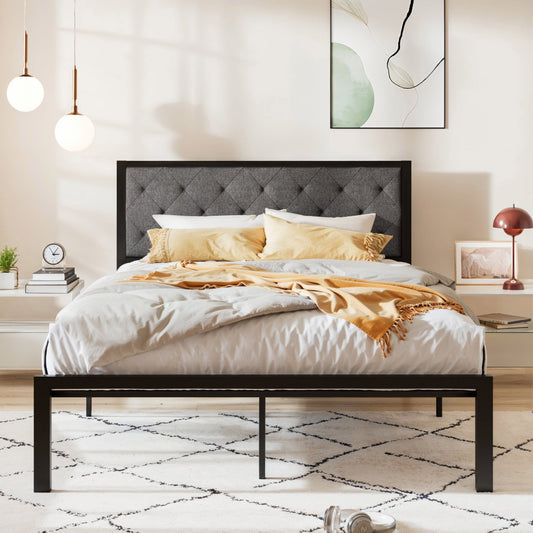 Allewie Metal Platform Bed Frame with Tufted Diamond Stitched Fabric Headboard