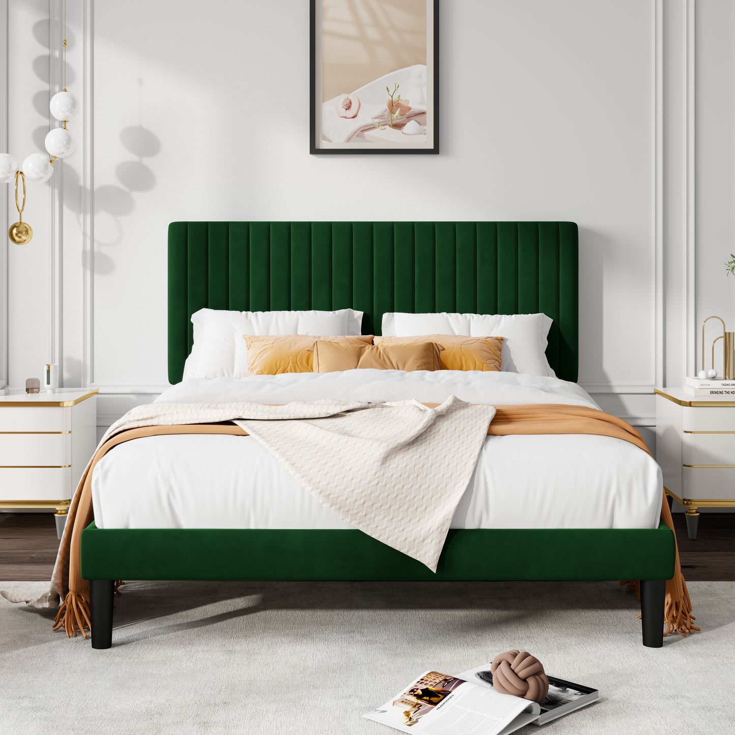 Allewie Velvet Upholstered Platform Bed Frame with Adjustable Vertical Channel Tufted Headboard