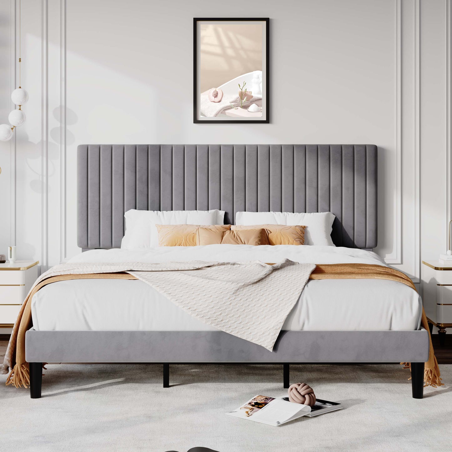 Allewie Velvet Upholstered Platform Bed Frame with Adjustable Vertical Channel Tufted Headboard