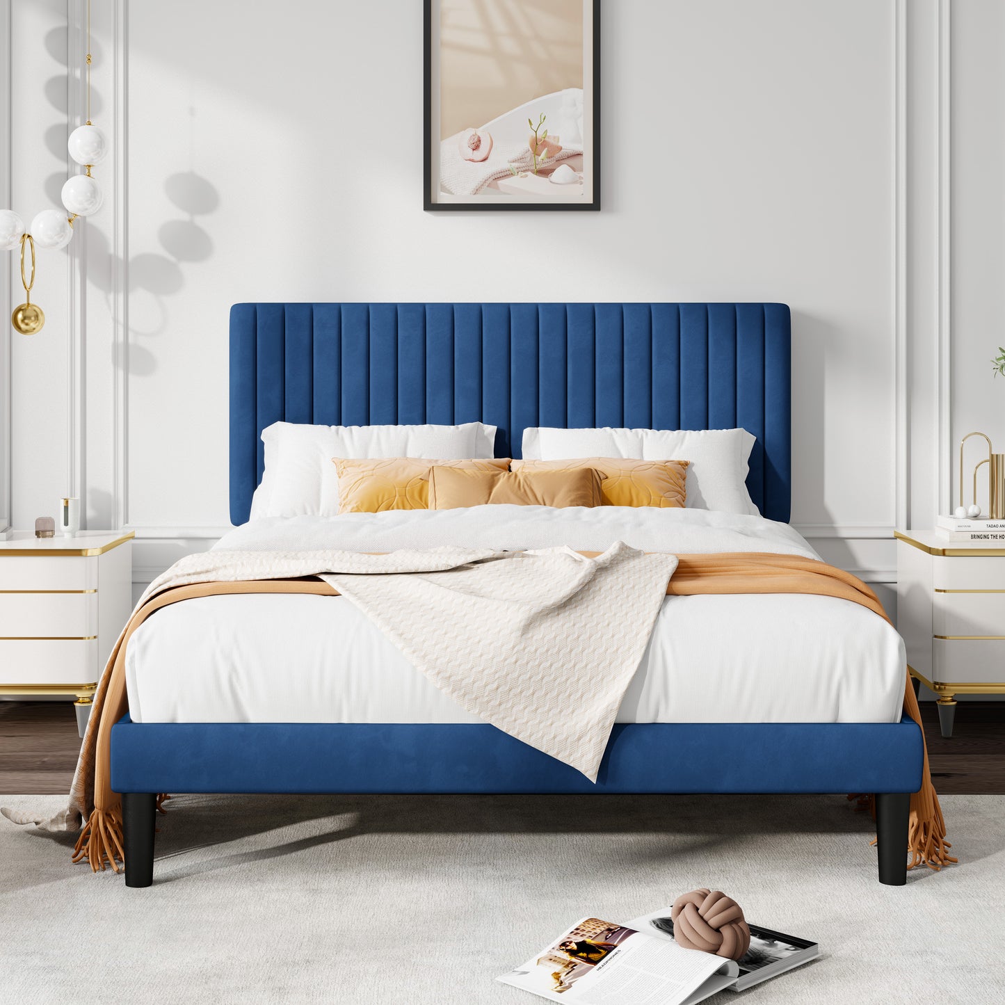 Allewie Velvet Upholstered Platform Bed Frame with Adjustable Vertical Channel Tufted Headboard