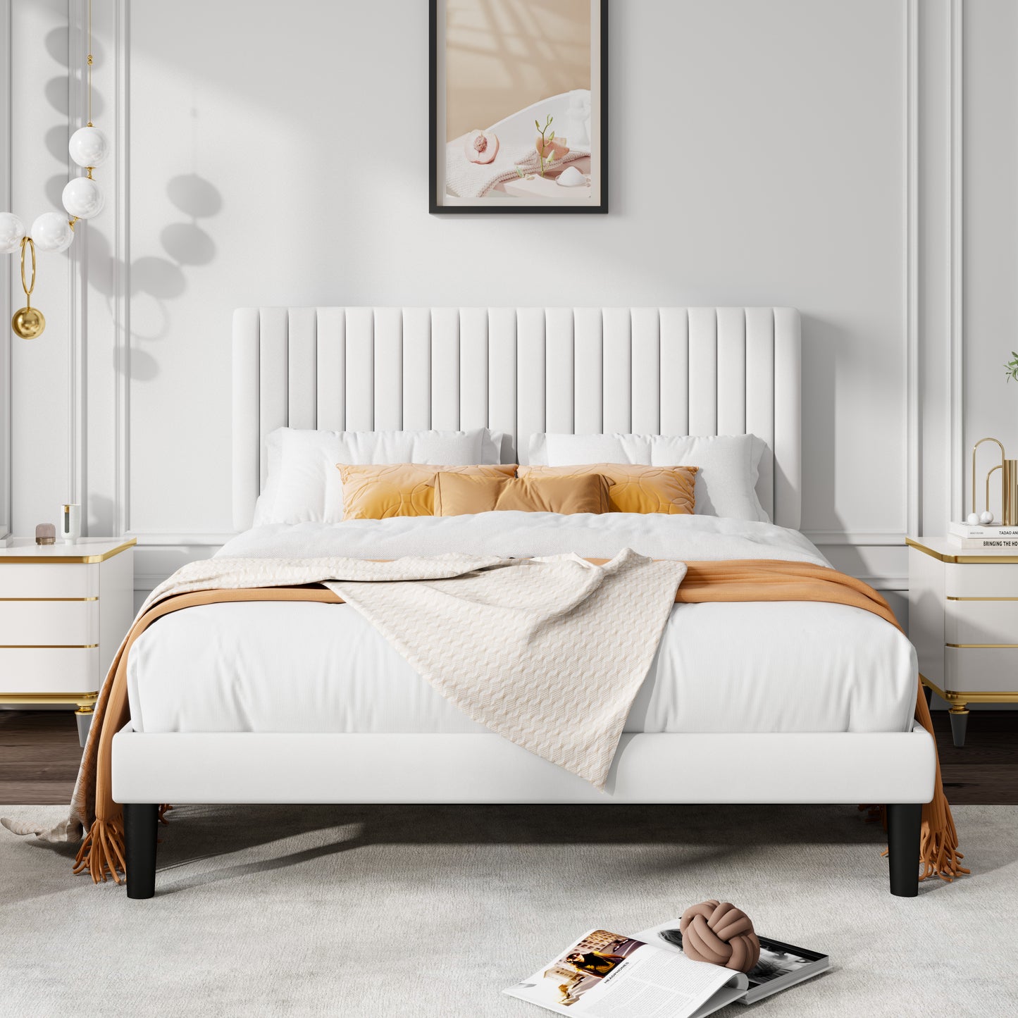 Allewie Velvet Upholstered Platform Bed Frame with Adjustable Vertical Channel Tufted Headboard