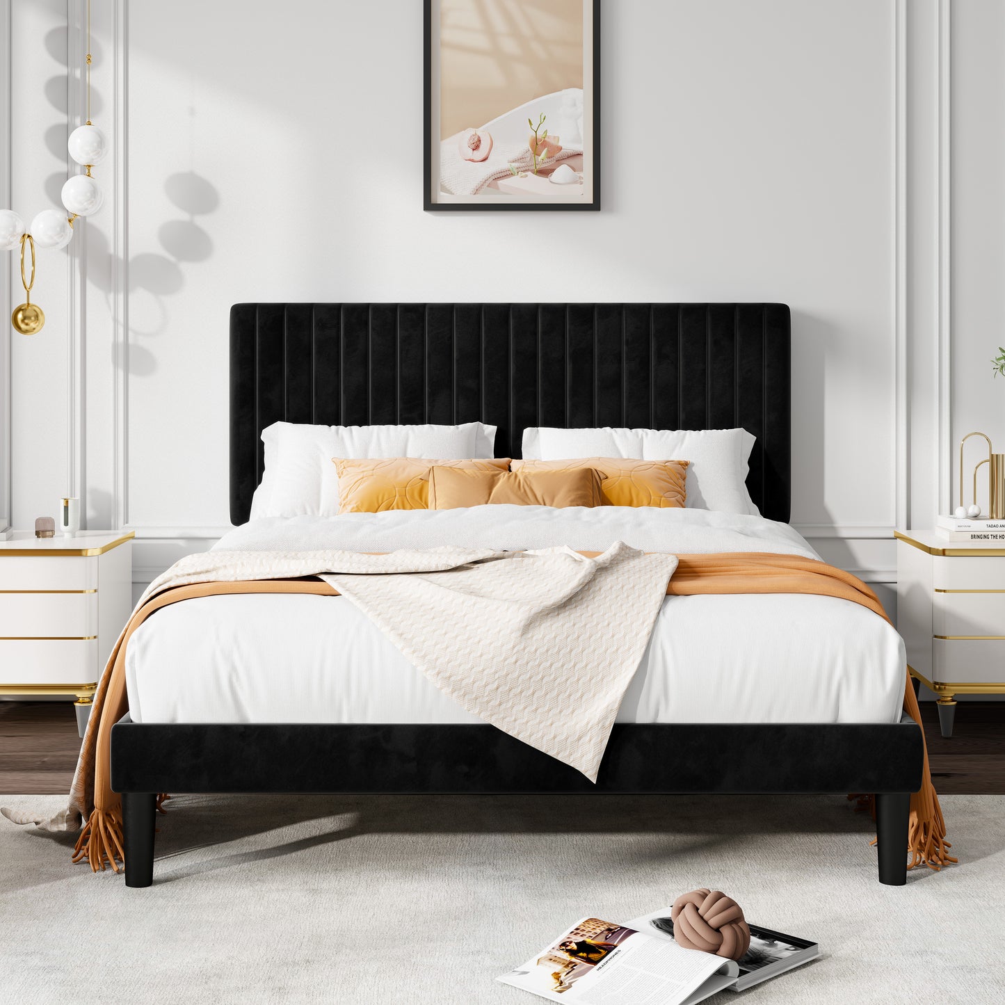 Allewie Velvet Upholstered Platform Bed Frame with Adjustable Vertical Channel Tufted Headboard